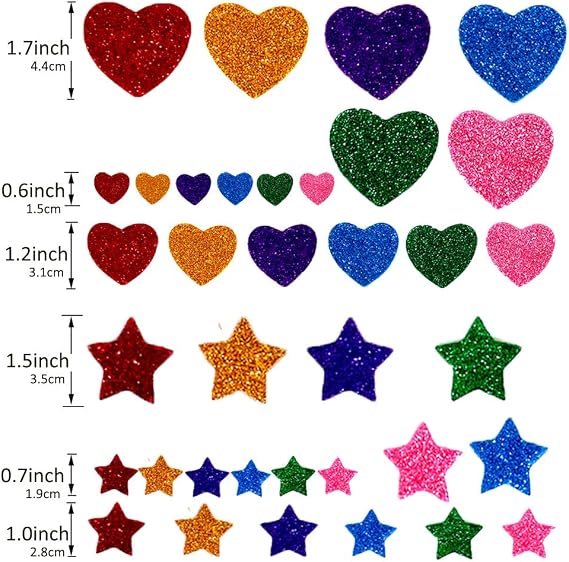 260 Pieces Colorful Glitter Foam Stickers Self Adhesive Stars Mini Heart Shapes Glitter Stickers, Arts Craft Supplies for Greeting Cards Home Decoration Stars&Heart Shapes