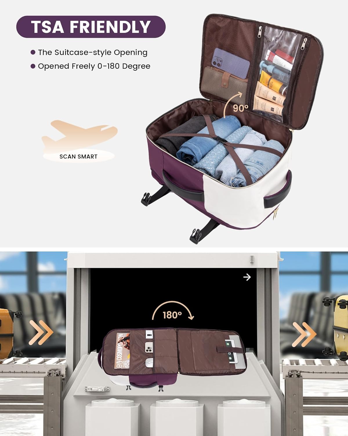 LOVEVOOK Travel Backpack, Carry On Backpack for Women, 40L Flight Approved Personal Item Backpack, Large Water Resistant Luggage Daypack with 3 Packing Cubes, fits 17inch Laptop, Beige-Purple-Black - Image 3