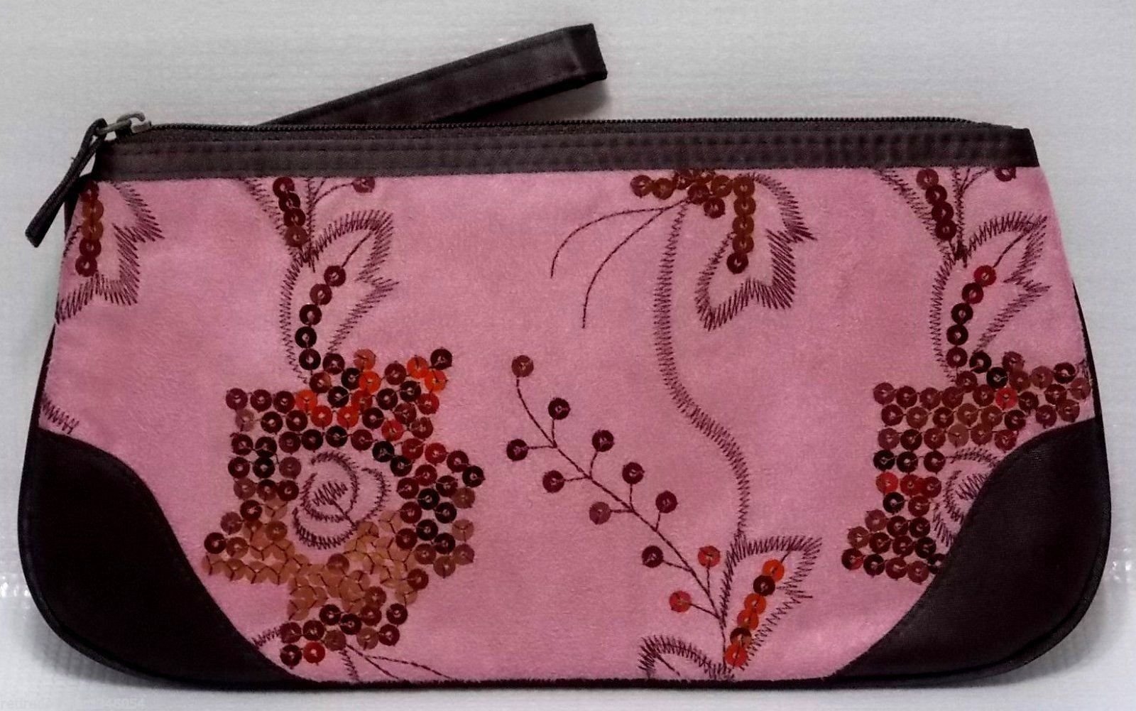 Avon Makeup Bag Cosmetic Case Brown And Pink Clutch Sequins