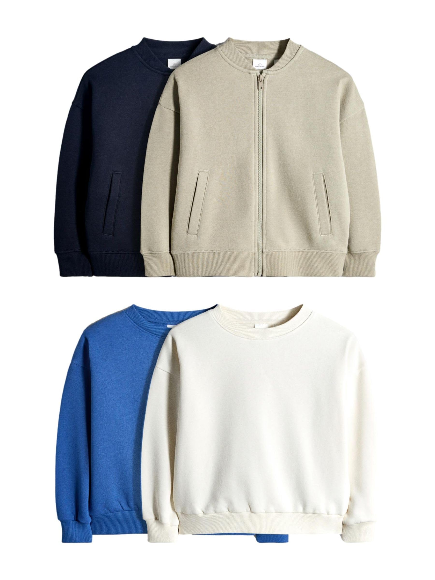 THE SET Jungen Bomber-Sweatjacken mit Reißverschluss und Rundhals-Sweatshirts mit Saumdetail, 4er-Pack