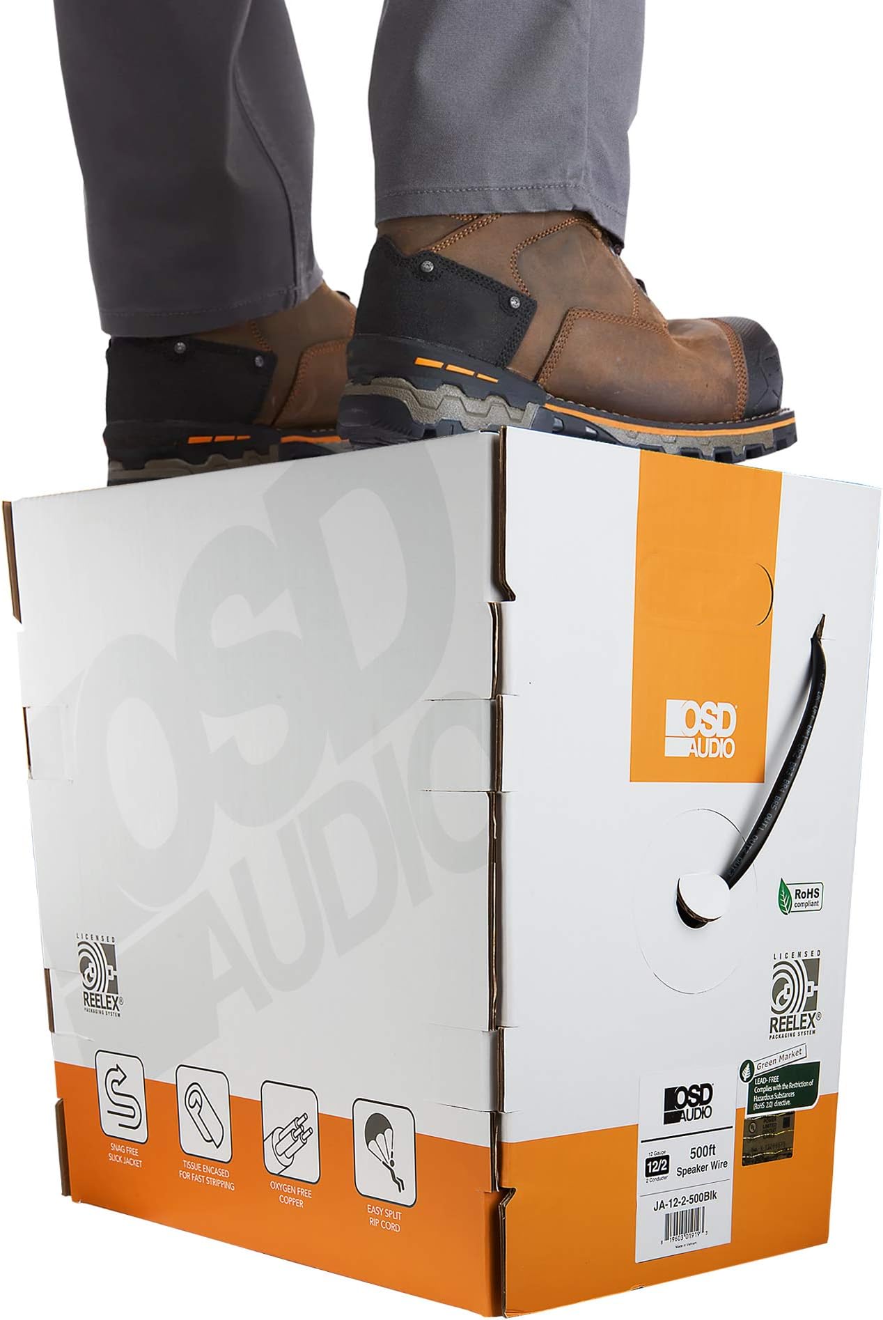 OSD 12/2 Speaker Wire 12 AWG/Gauge 2 Conductor UL List in Wall Direct Burial Graded CL2/CL3 Oxygen Free Copper OFC 500 Foot Snag Free Easy Pull Heavy Duty Box - Black