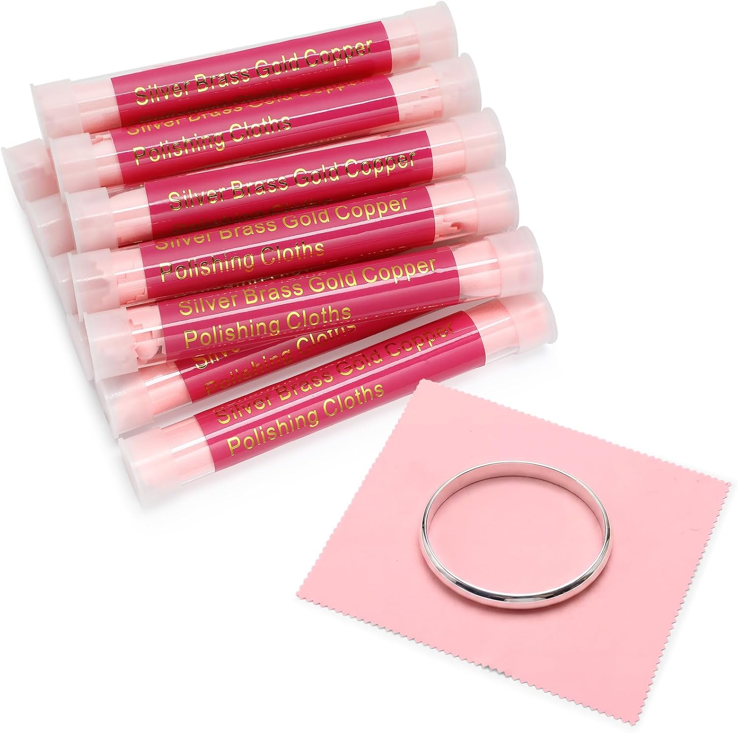 12 Pcs Jewelry Cleanning Cloth with Tube 7 x 6 Inch Silver Polishing Cloth Brass Cleaner for Sterling Silver Brass Gold Copper, Individually Wrapped(Pink)