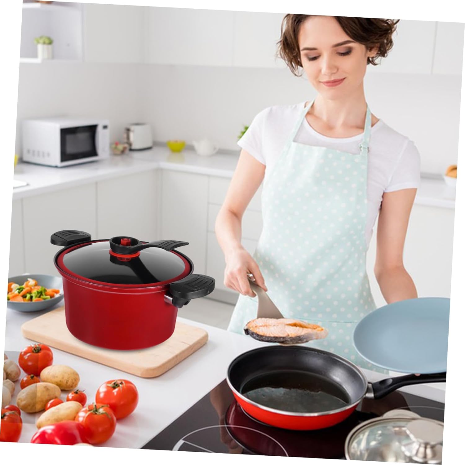 Low Pressure Cooker Red Nonstick Multi-use Broth Stew Pot with Ergonomic Handles Rapid Heat Conduction Suitable for Induction Cookers and Home Cooking