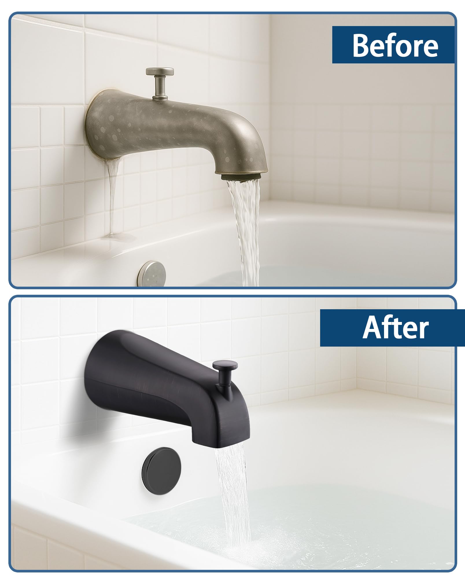 Boquilla de bañera de metal con desviador, boquilla de bañera de 5.3 pulgadas, se adapta a tubos roscados IPS de 1/2 pulgada y tubos roscados IPS de 1/2 pulgada o 3/4 pulgadas, fácil elevación para