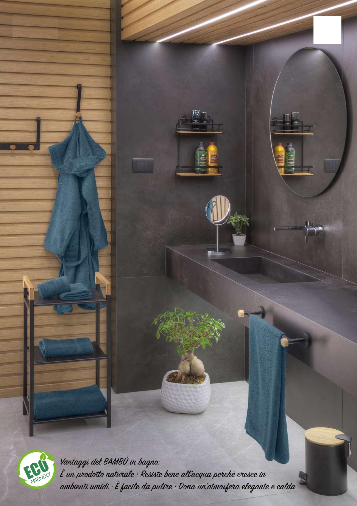 eacommerce Scaffale e Ripiani per Bagno in Acciaio Colore Nero Opaco e Bambù 40x30x78H cm (Bianco)