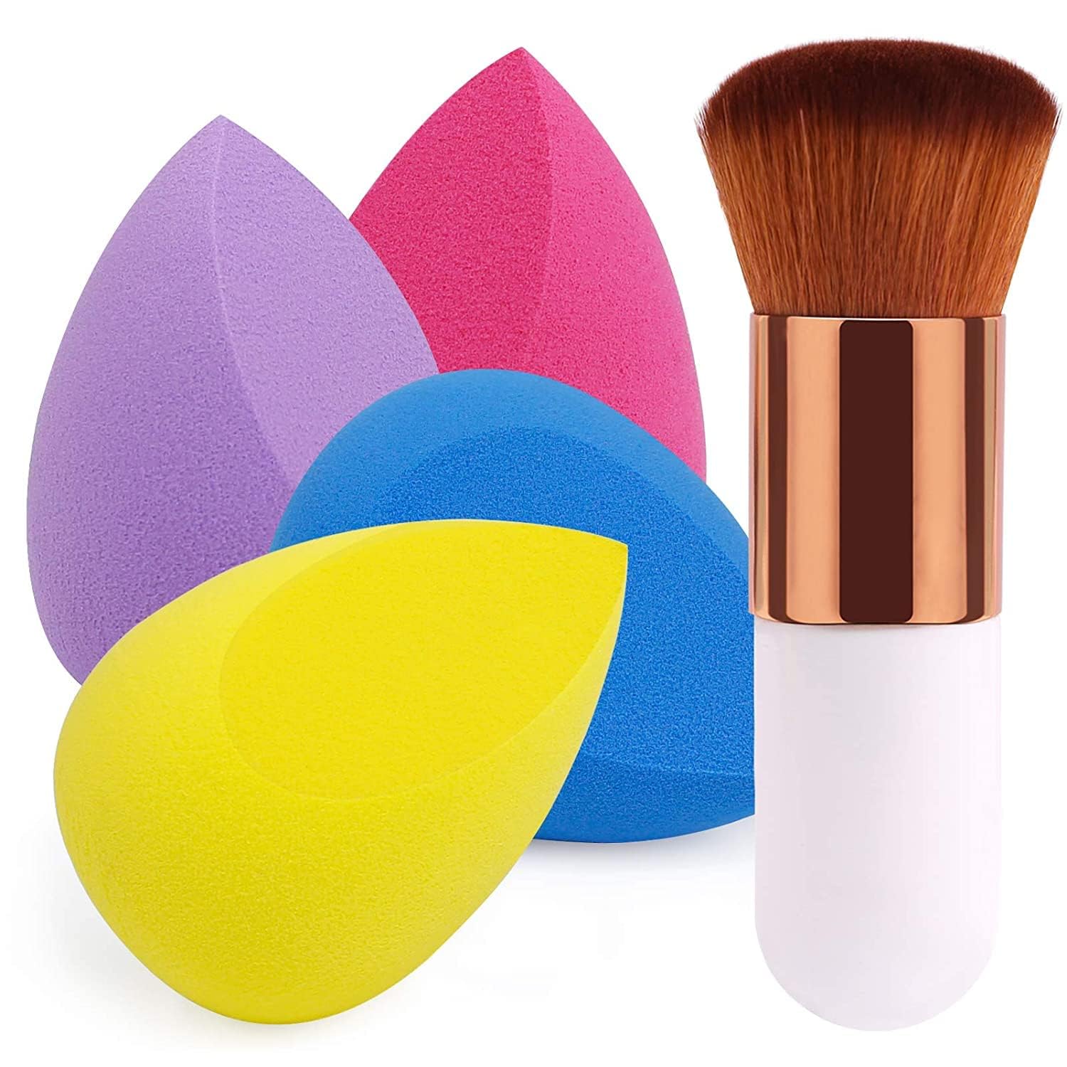 Makena 4+1Pcs Makeup Sponges with Powder Brush, Foundation Blending Sponge for Liquid Cream and Powder, Professional Beauty Sponge Blender & Kabuki Brush