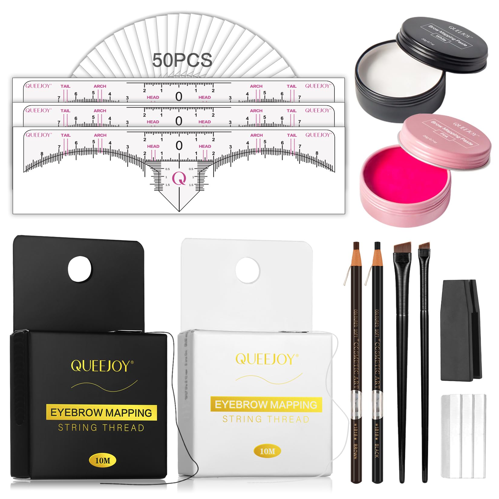 Kit per la mappatura delle sopracciglia con corda da 10 m x 2 colori, 50 stencil per righello, 20 g di pasta bianca e rosa, 2 pennelli per sopracciglia, matita per mappatura sopracciglia