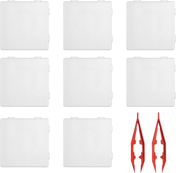 Bügelperlen Platten, Bügelperlen Set mit 8 Stücke Vorlagen und 2 Stücke Zangen, 5 mm große Quadratische Schablonen, Kompatibel mit 14,5 mm Bügelperlen,Transparente Steckplatten Quadratisch Steckperlen - 1