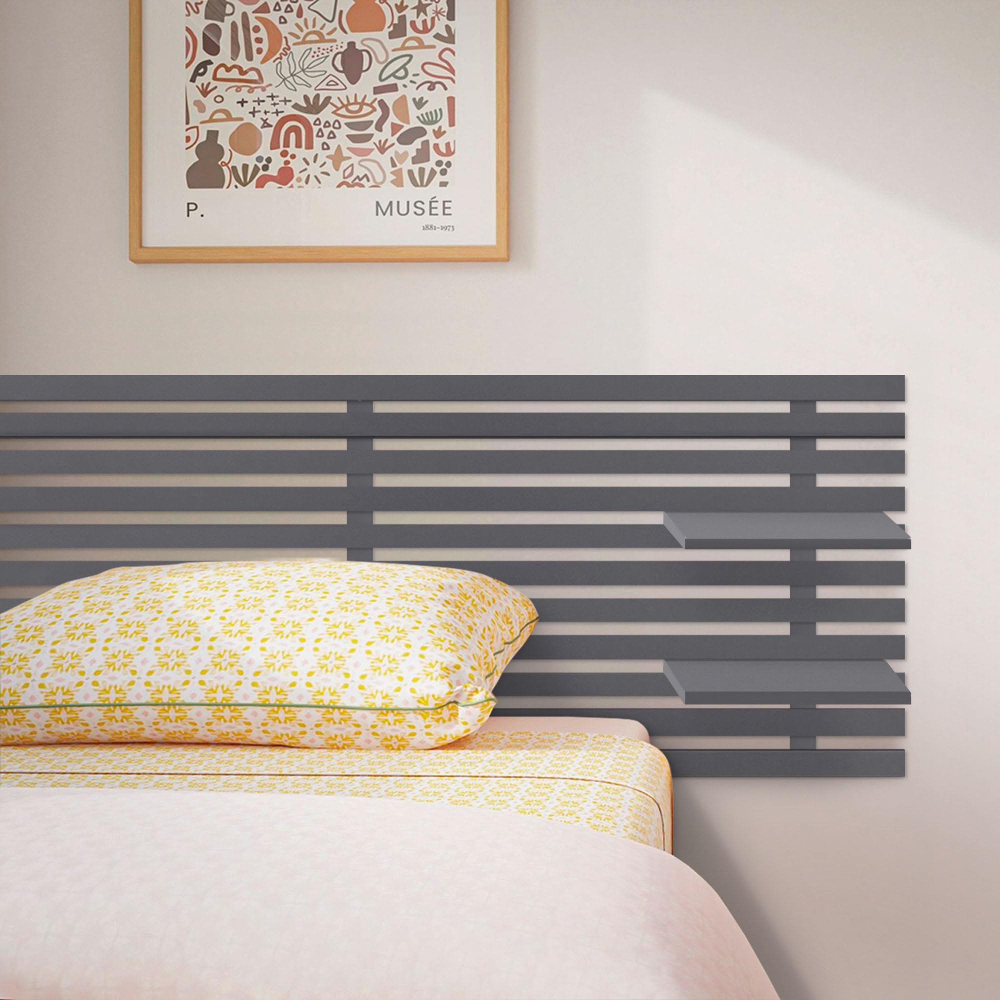 DHOME Cabecero con Estantes de Madera reciclada DM Colgante Pared Estilo Japonés Cama Vintage Nordico Herrajes incluidos (Gris Sólido, 135cm)