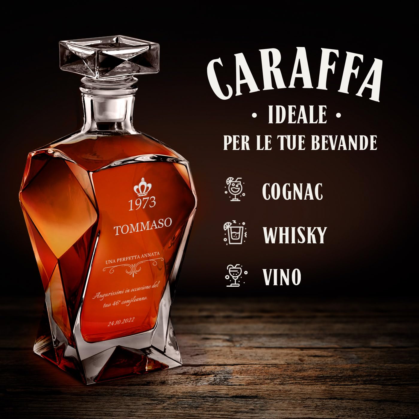 Maverton Set Decanter per Whisky in vetro - da 700 ml - incisione personalizzata - Caraffa con 2/4/ 6 bicchieri - idea regalo per il compleanno - per l’ uomo - regalo di Natale - Un’ottima annata