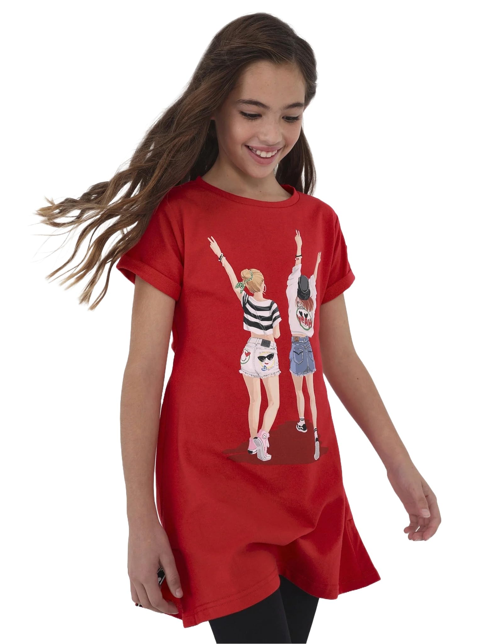 Generico Vestito Lungo Bambina 10-16 Anni Rosso con Stampa Ragazze sul Davanti, Apertura Posteriore con Fascia Decorativa e Dettagli Casual per L'Estate 6931
