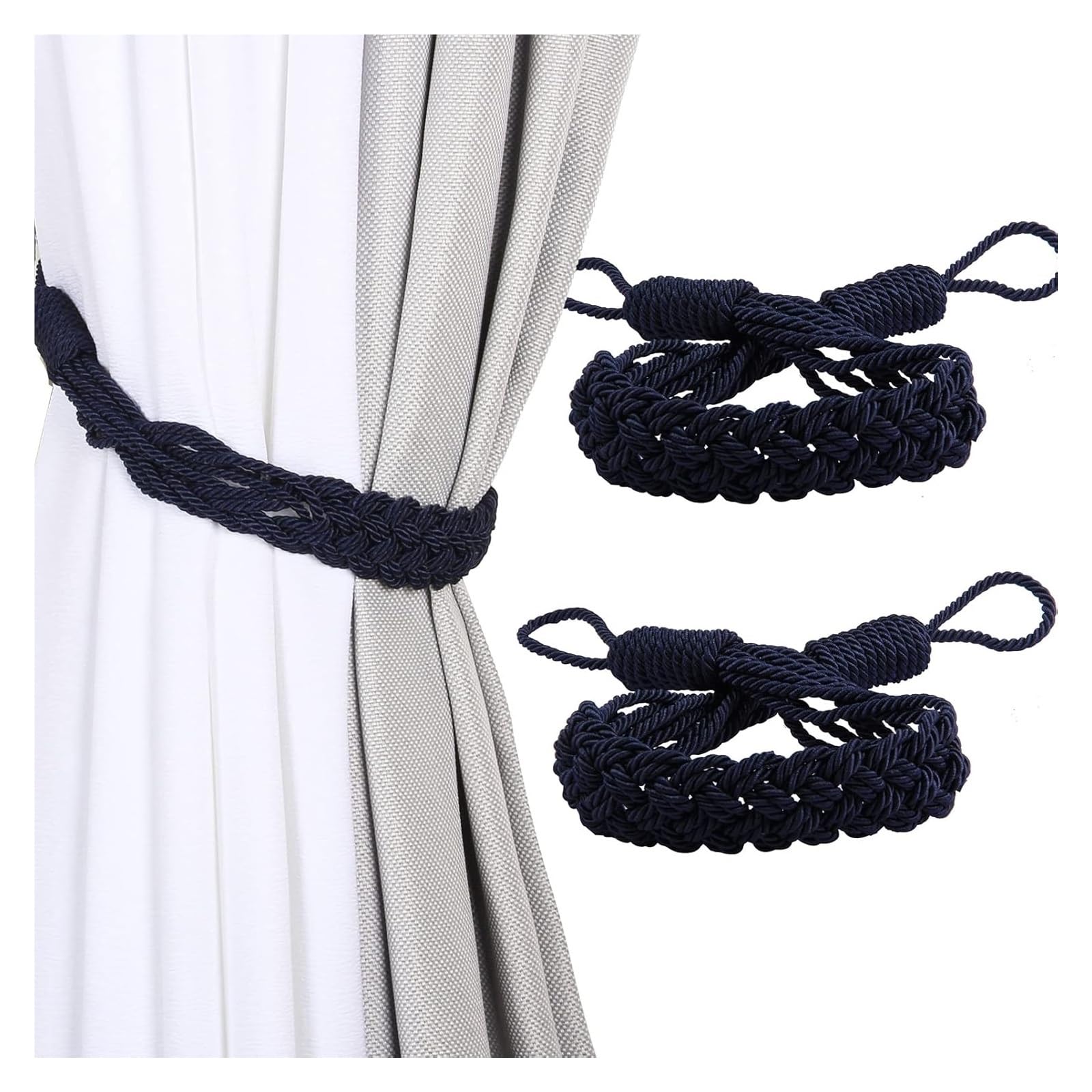 Tassel Curtain Tiebacks， Curtain Tiebacks Braided Rope 2 Pack Multicolor for Home Office Decorative(Navy)