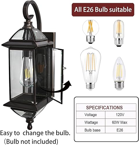 Miniatura 5 de Lámparas de pared exteriores de cobre de 18.5 pulgadas, impermeables, con farol de vidrio transparente, aplique de pared de bronce aceitado para