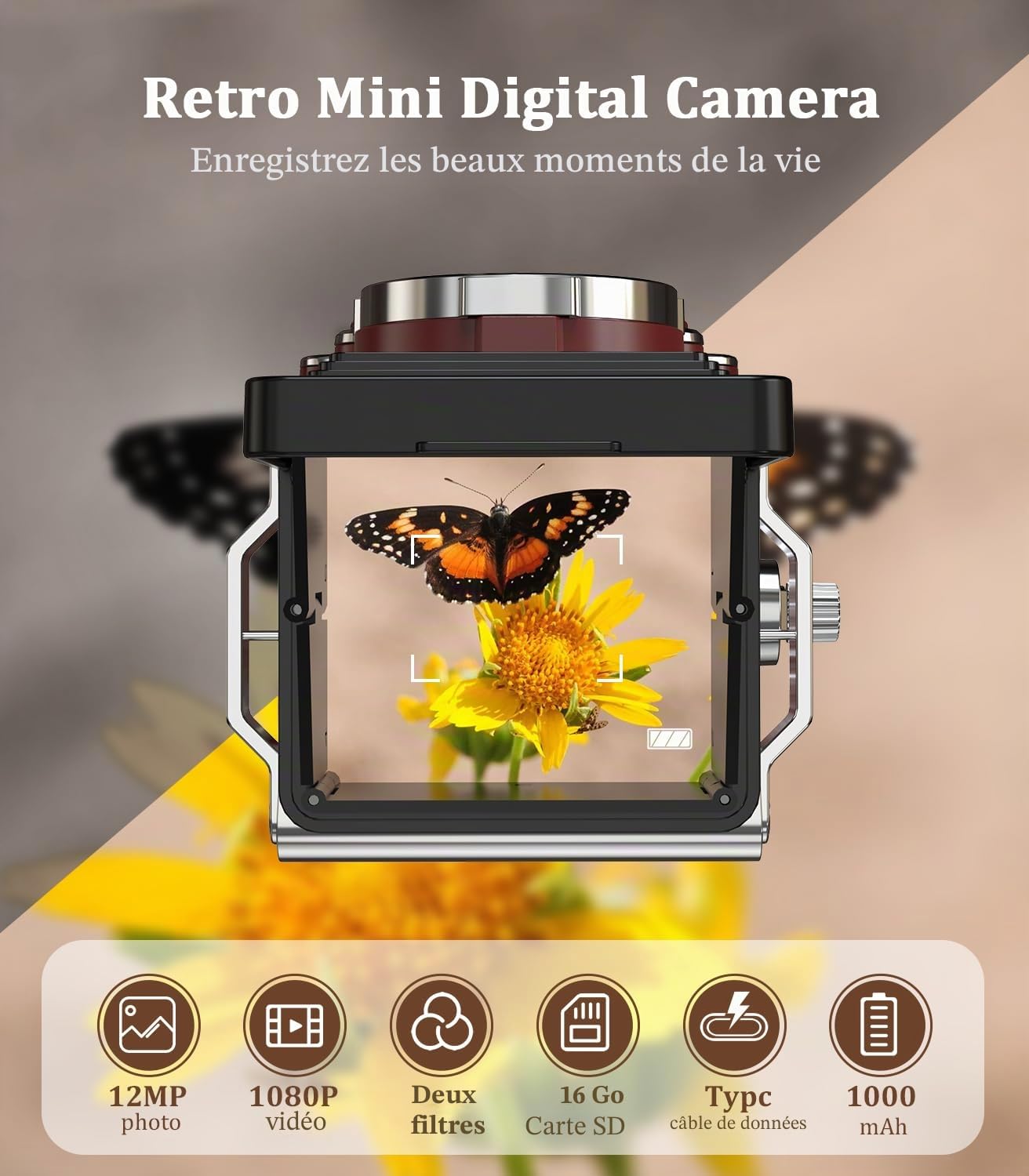 Mini Appareil Photo rétro Vintage 12 MP 1080P FHD Appareil Photo numérique TLR Mise au Point Automatique avec Carte mémoire 16 Go Appareil Photo Compact Portable pour Enfants, Adolescents, étudiants