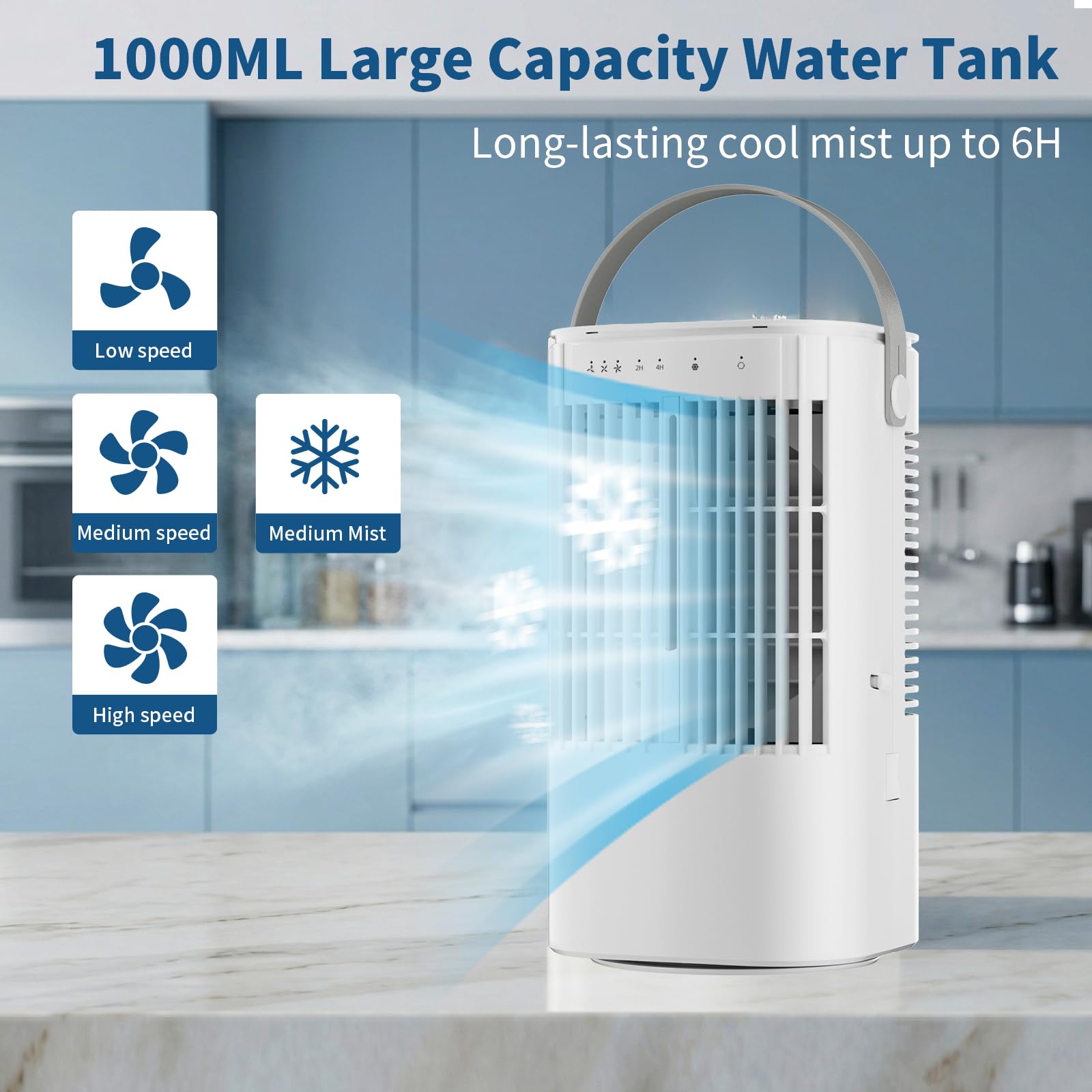 Climatiseur Mobile 4-en-1 1000ML, Rafraîchisseur d'Air Portatif Sans Évacuation, Ventilateur Brumisateur avec Oscillation 120°, Minuterie et LED 7 Couleurs, pour Bureau, Chambre, Camping