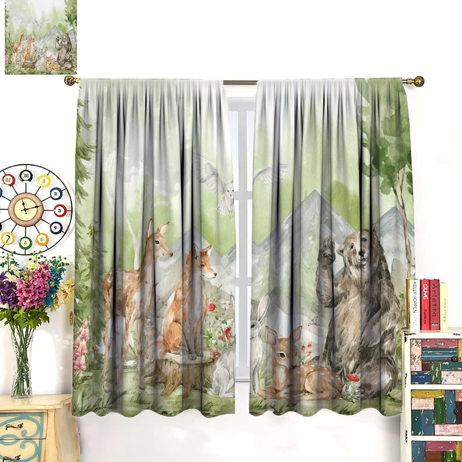 Woodland Animals Forest Print Blackout Curtains for Bedroom - Watercolor Cartoon Bear Deer Fox Cabin Window Drapes,Rod Pocket Room Darkening Curtains 2 Panels 63L x 31.5W