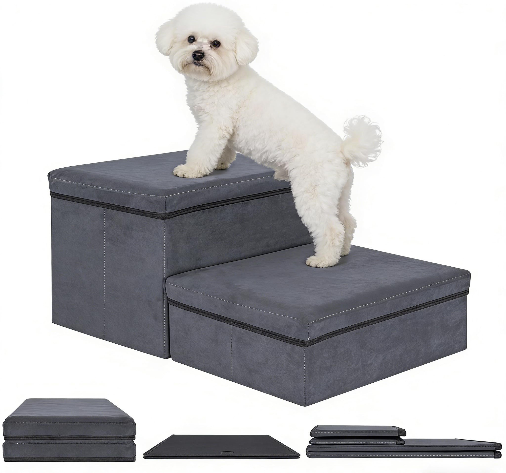 AKOZLIN Escaleras para perros con almacenamiento, 2 escalones, plegables, 2 en 1, escaleras para mascotas, rampa extra ancha, escalera para mascotas para perros pequeños a grandes, gatos, gris oscuro