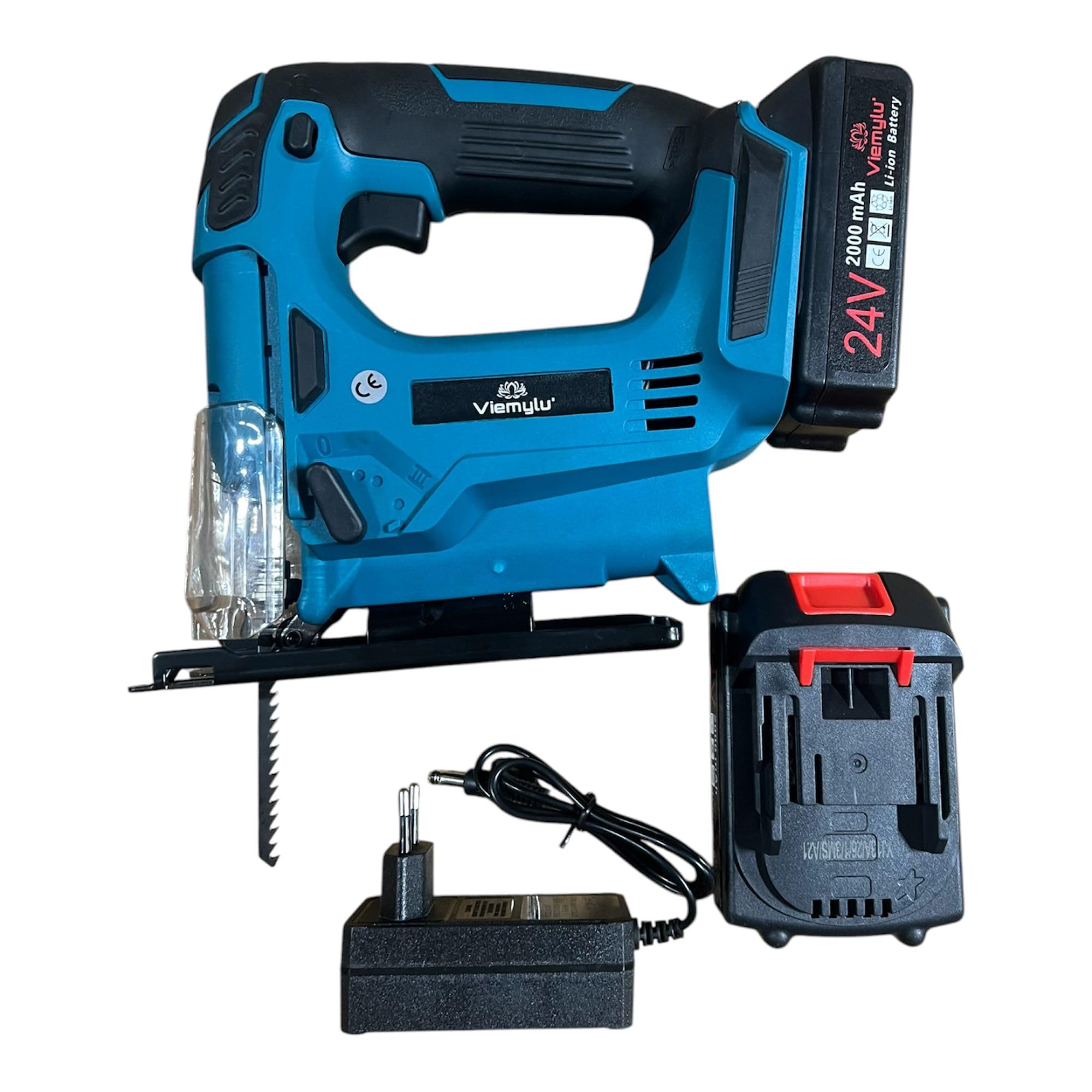 Seghetto Alternativo 24V Taglio 0-45° con Doppio LED, Batteria 2Ah, Caricabatteria, Lama, Motore Brushless, 3500 RPM