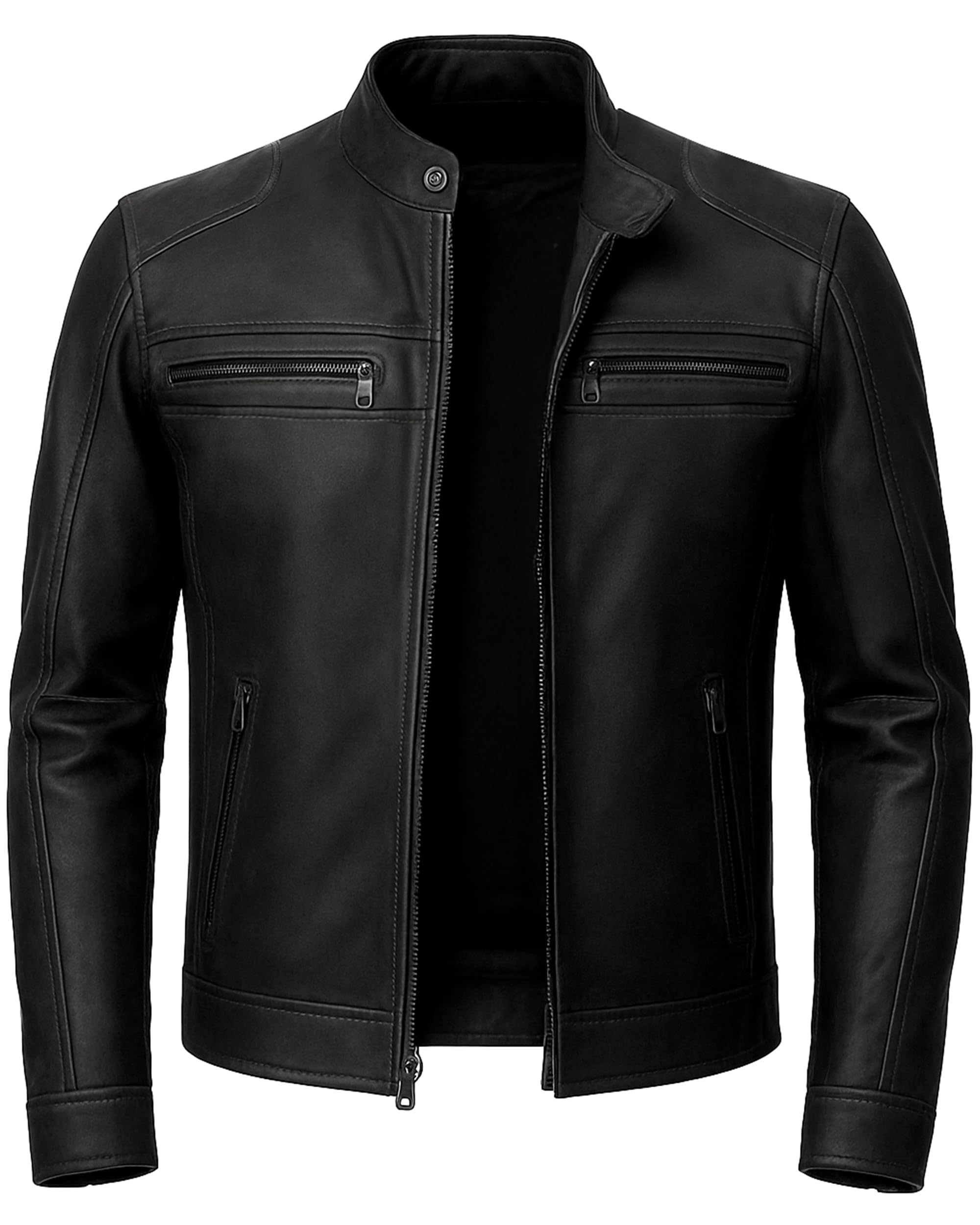 fjackets Mens Leather Jacket - Real Lambskin Cafe Racer Moto Biker Stand Collar Jacket