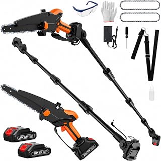 2-in-1 Cordless Pole Saw,8 Inch Electric Brushless Mini Chainsaw with 2 x 21V Battery, Pole Saw for Tree Trimming,7.3 FT Max Extension Portable Pole Saws for Tree Branches Wood Cutting
