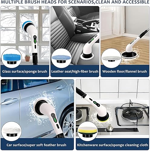 Miniatura 6 de Limpiador eléctrico giratorio  Cepillo de limpieza inalámbrico con 9 accesorios para ducha y limpiador de lechada, mango de extensión ajustable,