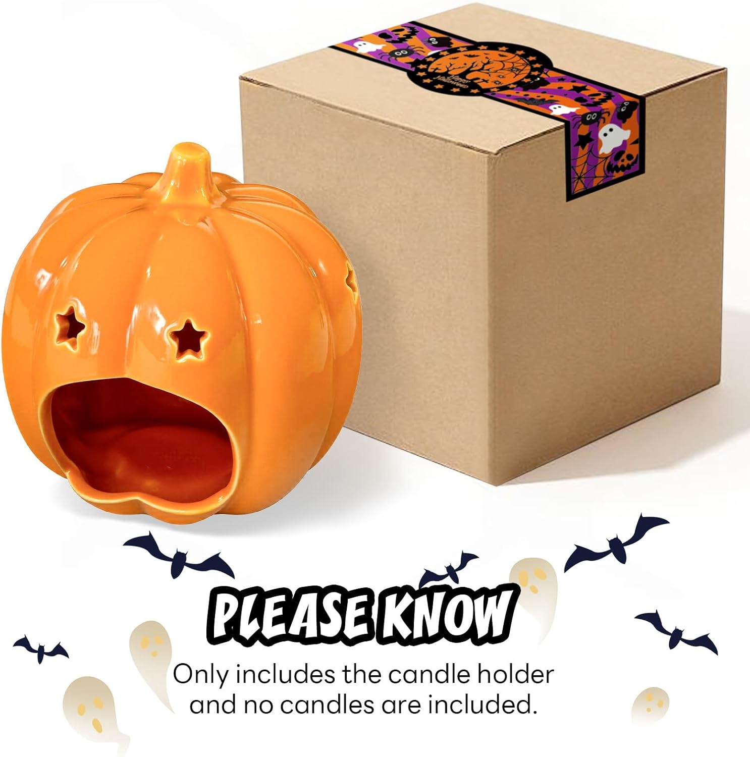 Halloween Ceramic Candle Holder Decorations Pumpkin Candle Holder Halloween Tabletop Decorative for Home Office Table Centerpiece, Cute Pumpkin Tealight Candlestick