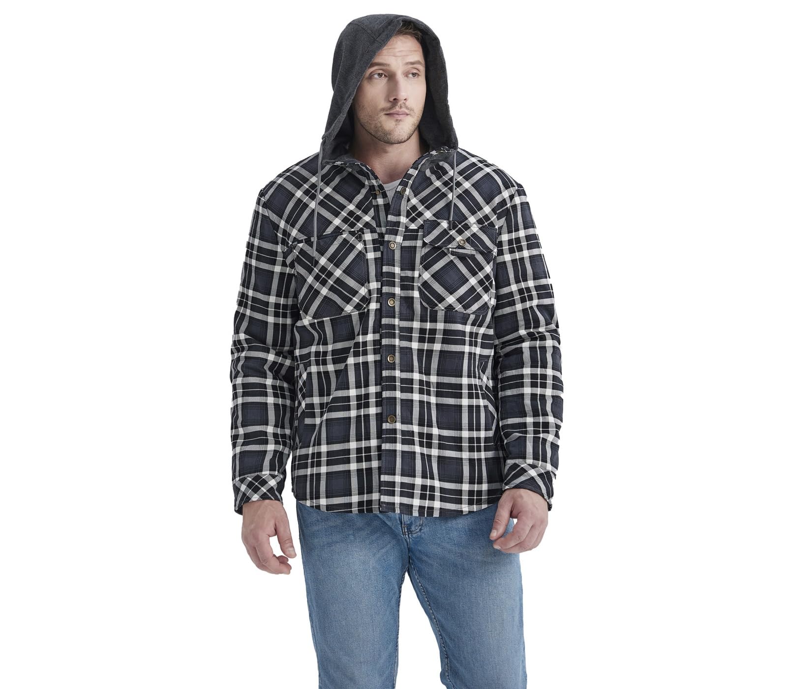 Męska flanelowa bluza z kapturem na co dzień, zapinana na guziki, bawełniana pikowana kurtka w kratę, ciepła podszewka z długim rękawem Sherpa bluza z kapturem męska