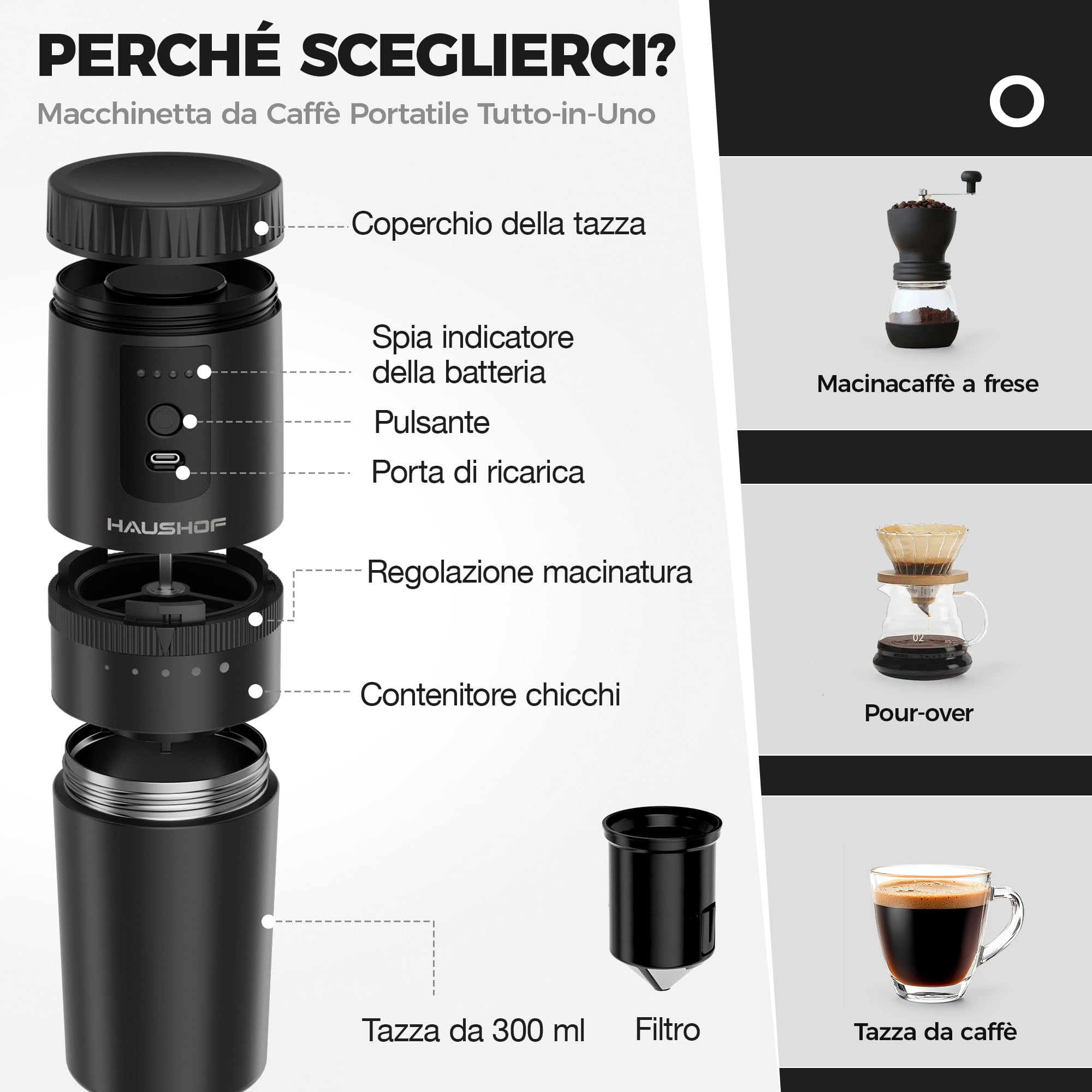 HAUSHOF Macinacaffè Elettrico Portatile Senza Filo con Infusione Integrata, Macinino Ricaricabile, Kit Manuale con Filtro in Acciaio e Tazza Termica da Viaggio, per Campeggio e Outdoor