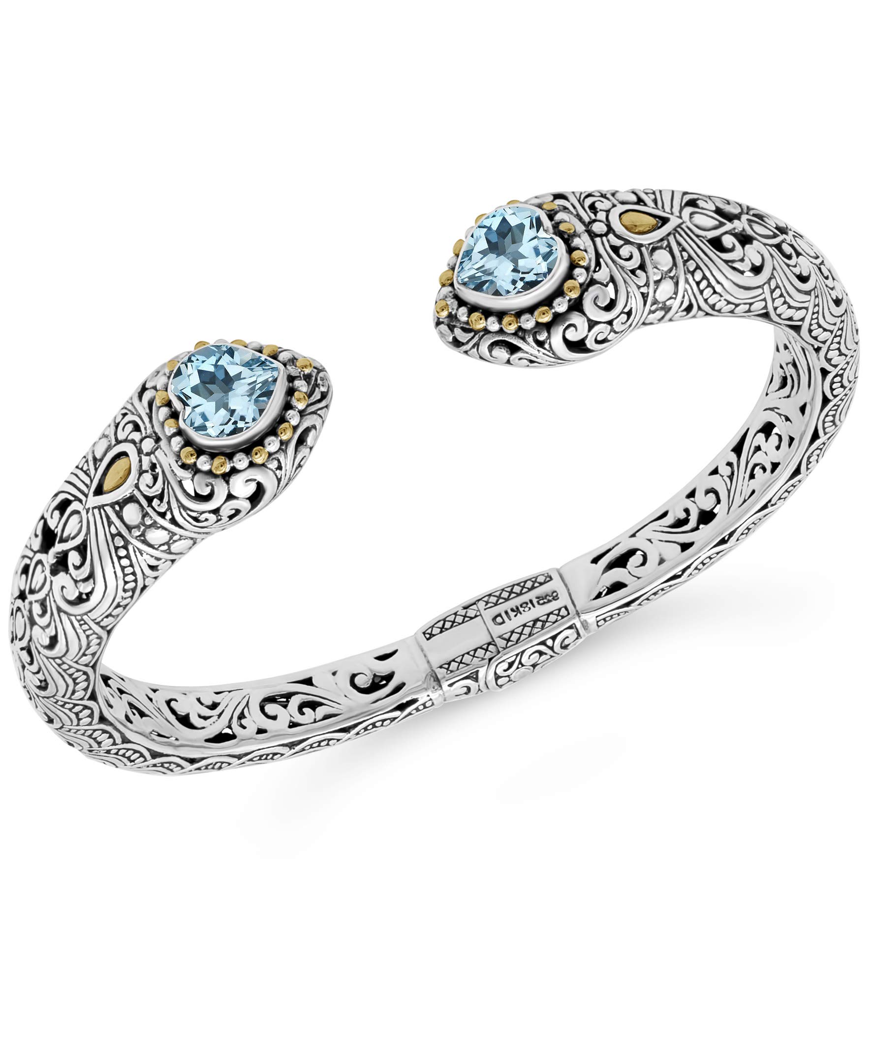DEVATA Sterling Silver 925 and 18K Gold with Gemstones Bali Filigree Cuff Bracelet