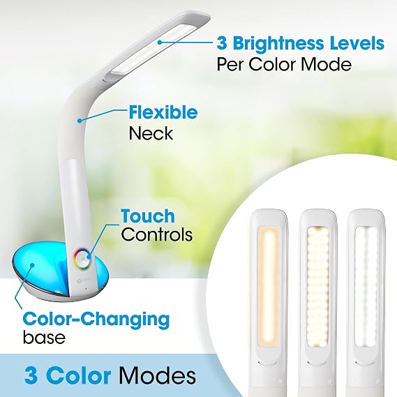 OttLite LED Desk Lamp with Color Changing Base and USB Port, White