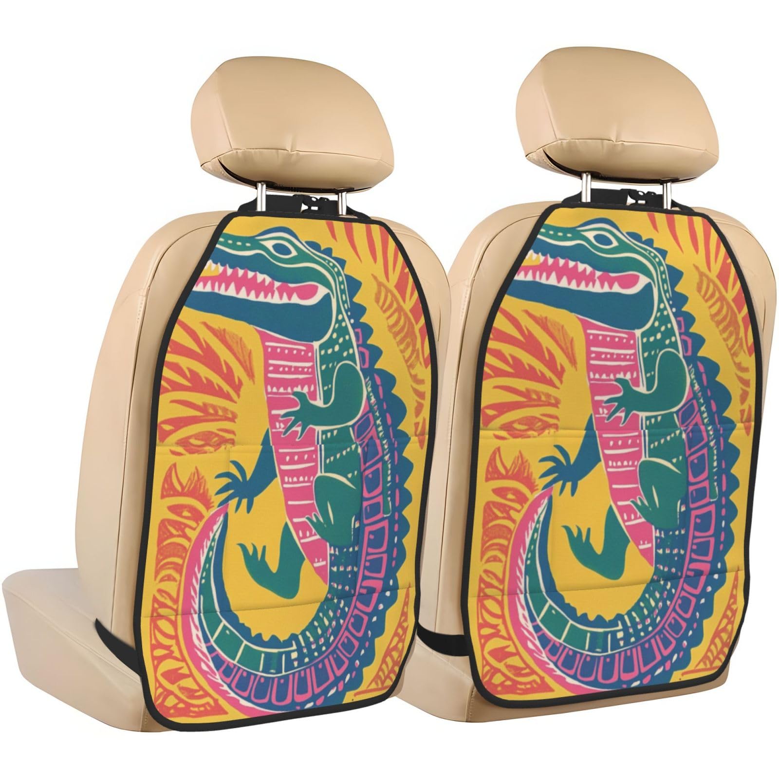 Vintage Crocodile Car Seat Back Kick Protectors,2 Pack Kick Mats with Storage Pockets for Vehicles to Protect from Dirt Mud Scratches