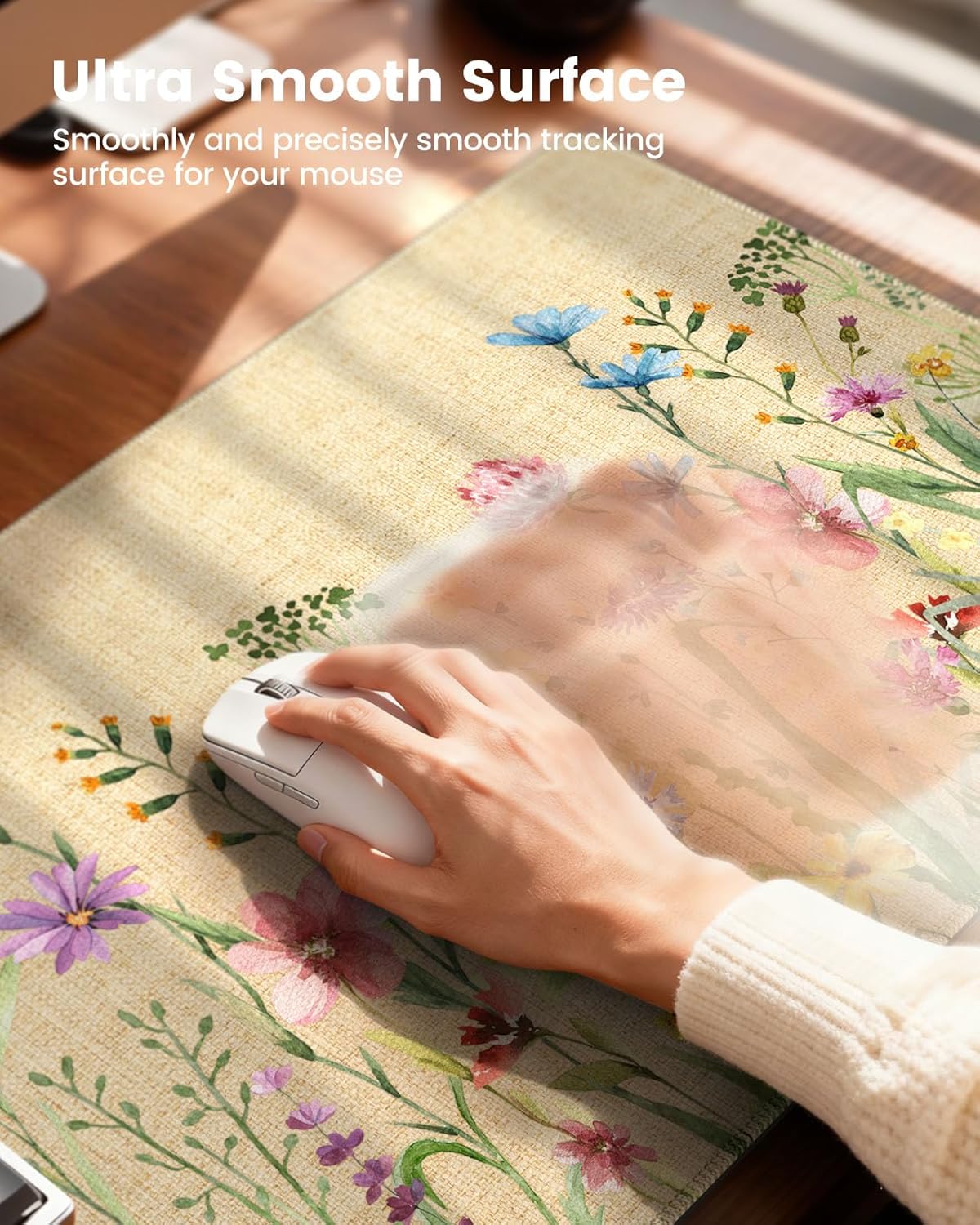 iCasso Desk Cover Mat, Extra Large Floral Mouse Pad, Desk Pad Mat,Office Matt for Desktop Protector, Anti-Slip XXL Big Mousepad with Stitched Edges for Laptop Computer Keyboard(Beige) - Image 4