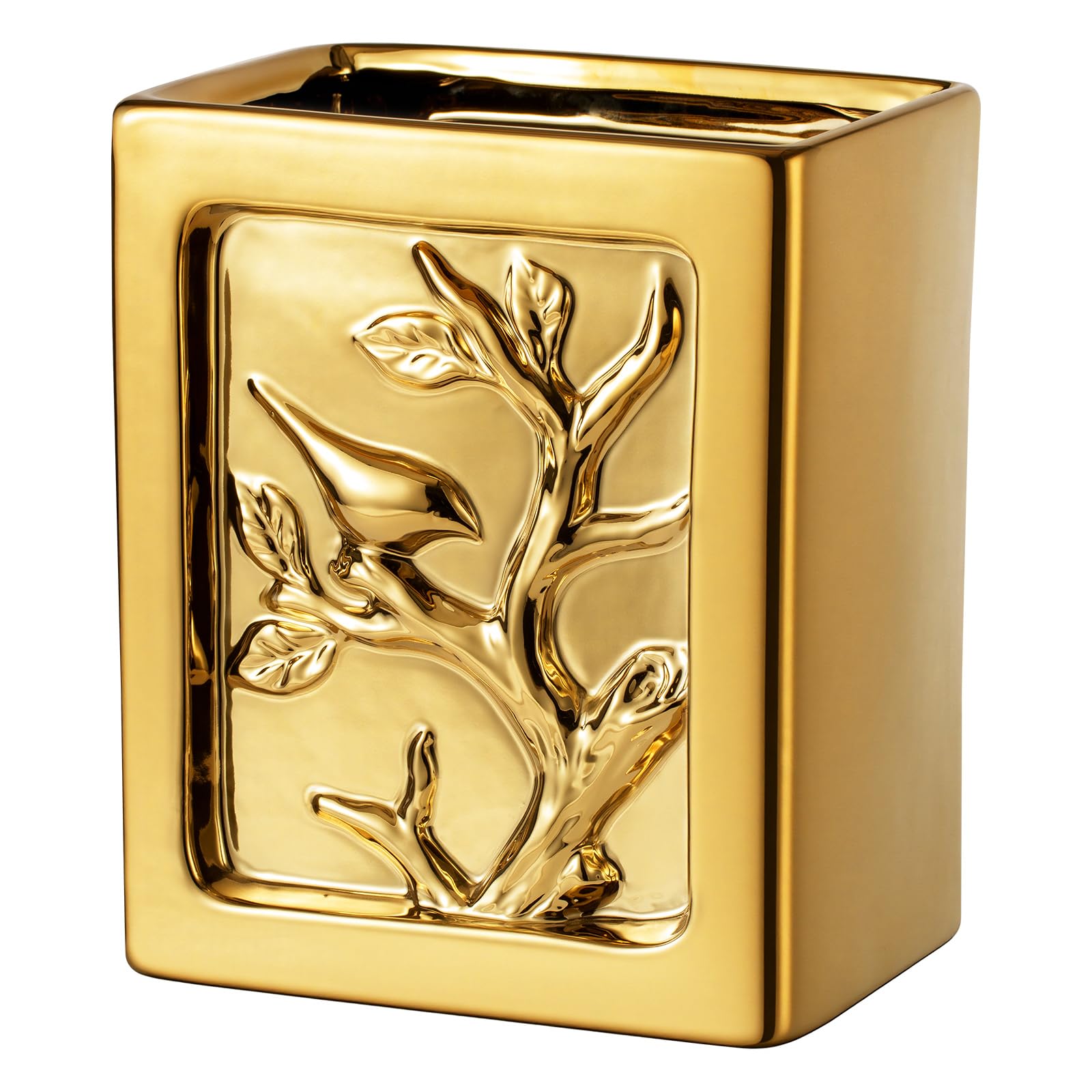 Photo 1 of JOLOSK Gold Bathroom Trash Can,Luxury Ceramic Hand Carved Decor Garbage Can,1.32 Gallon/5 Liter Stylish Small Waste Basket for Bathroom,Office,Party,Room