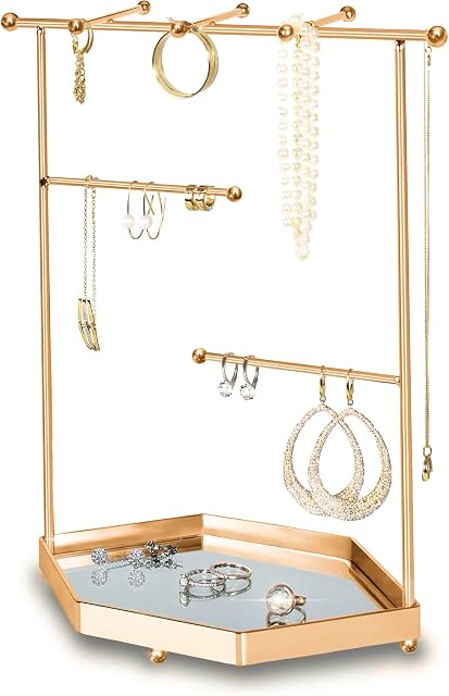 Jewelry Organizer with Mirror Tray | Premium Quality Metal | Decorative Earring Holder Stand Tower | Elegant Gift Women | Bracelets, Necklaces, Accessories | Unique Hanger, Display (Rose Gold)