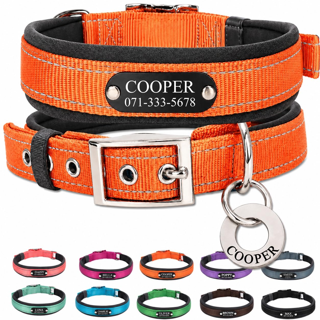 Personalised Nylon Dog Collar with Deep Engraved Name Plate - Reflective Collar UK Dispatched with Custom ID Tag Padded Anti-Chafe Design Name & Phone Number Durable Pet Collar for All Breeds — image 1