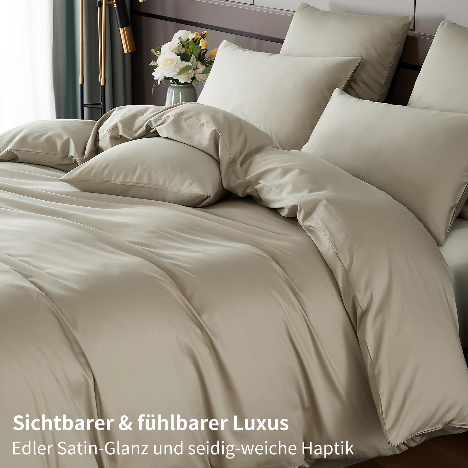 Satin Bettwäsche 220x240 Beige 100% Langstapelige Baumwolle Kühlend Mako Satin Bettwäsche Weich Seidig Atmungsaktiv Seide Bettbezug Set 3 Teilig mit Reißverschluss und 2 Kissenbezüge 80x80 cm