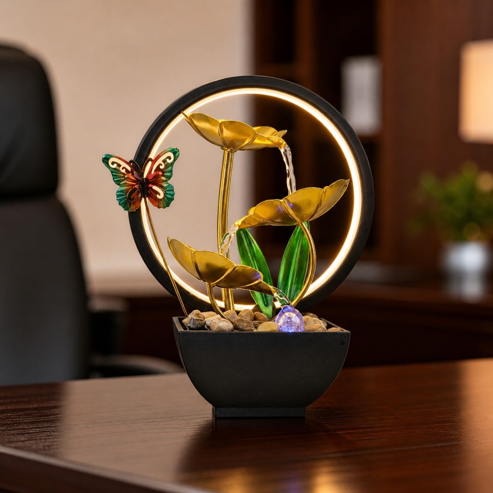 Fuente Mesa Metal con Piedras corativas Compacta Fuente corativa con Elementos Botánicos y Anillo Iluminado Morno parecibidor, Estilo E