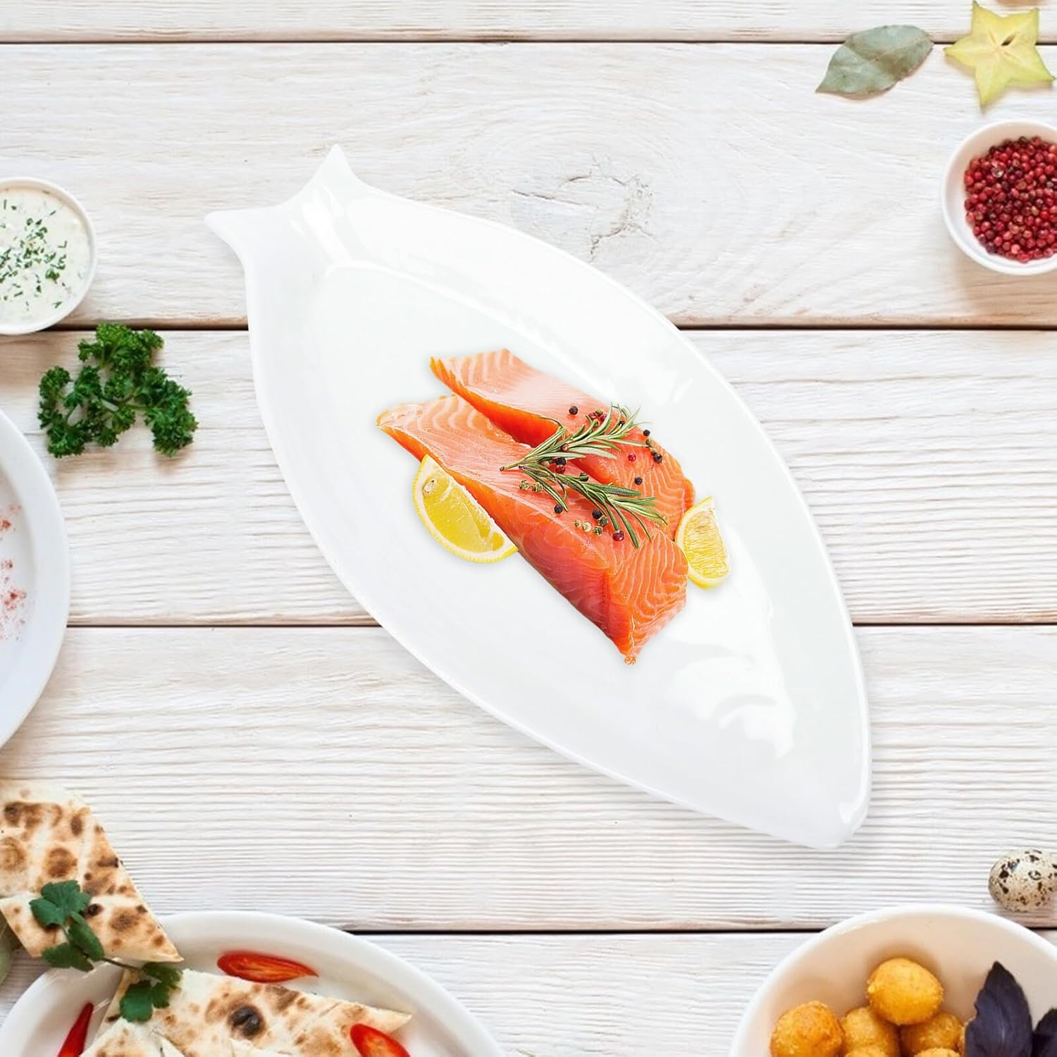 Pure White Irregular Fish-shaped Ceramic Steamed Fish Plate 13-inch 31cm Deep Serving Dish for Home Kitchen Dining