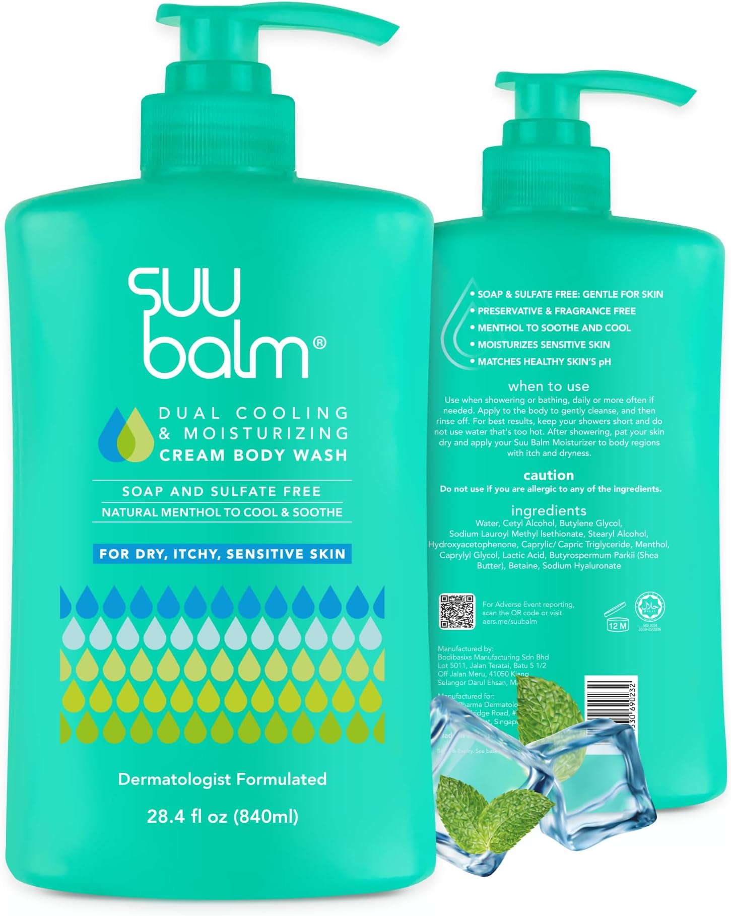 Suu Balm Anti Itch Body Wash, Psoriasis Body Wash, Eczema Body wash for adults, Moisturising Cleanser for Dry Itchy Relief, For Sensitive Skin, Cooling Menthol, Sulfate Free, 28.4 fl oz