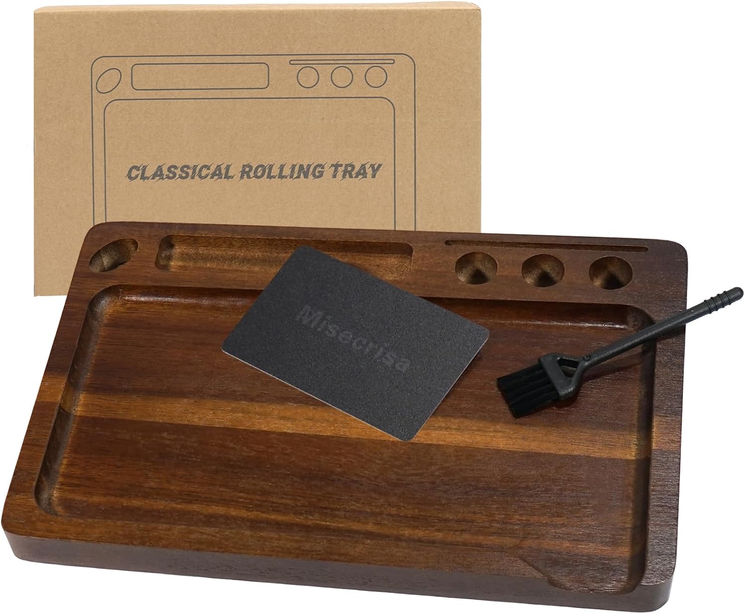 Wooden Rolling Tray 11"x7" Tray Rolling Tray Set with Cleaning Brush and Scoop Card