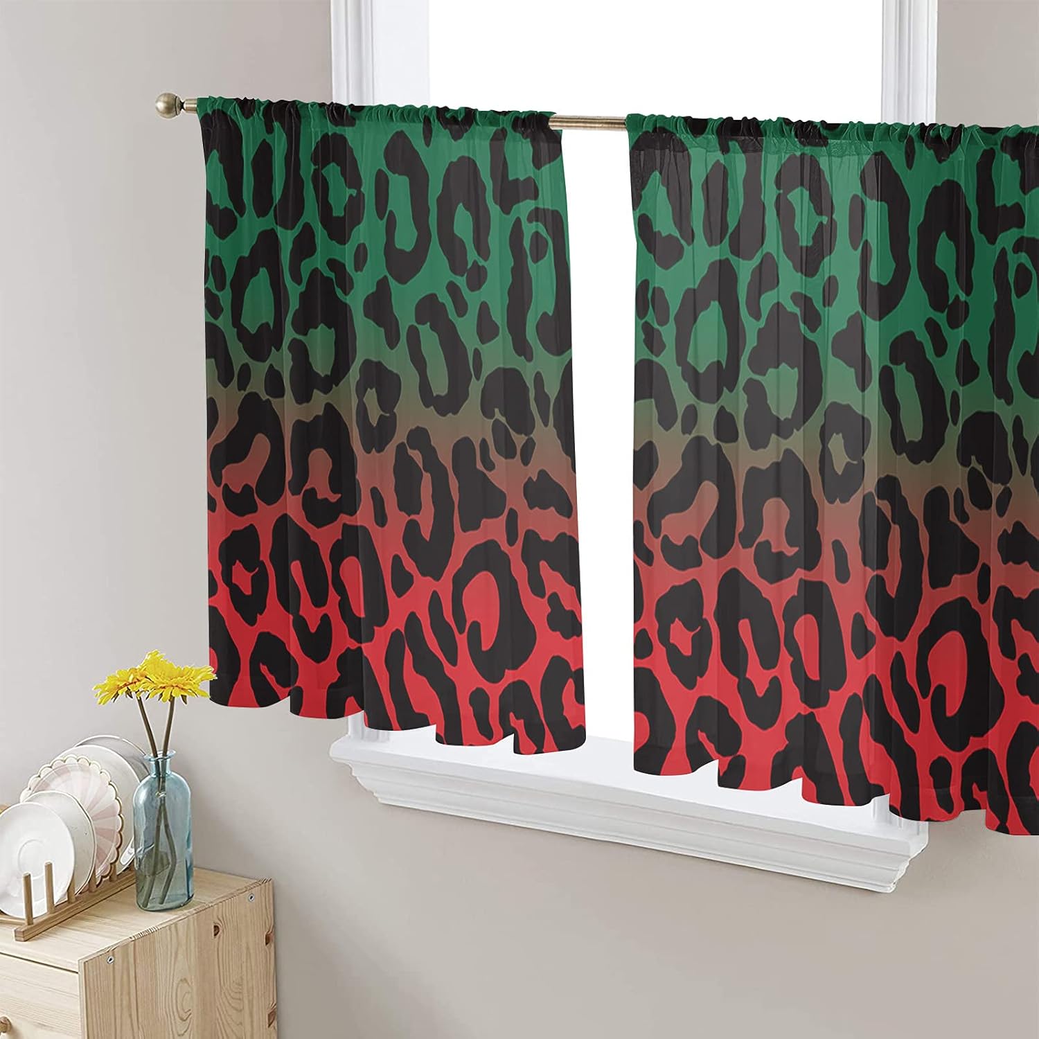 Sheer Curtains 45 Inches Long Ombre Leopard Print Green to Red Gradient Sheer Window Curtains Light Filtering Rod Pocket Semi Sheer Drapes for Living Room Bedroom, 2 Panels, 52"x45"