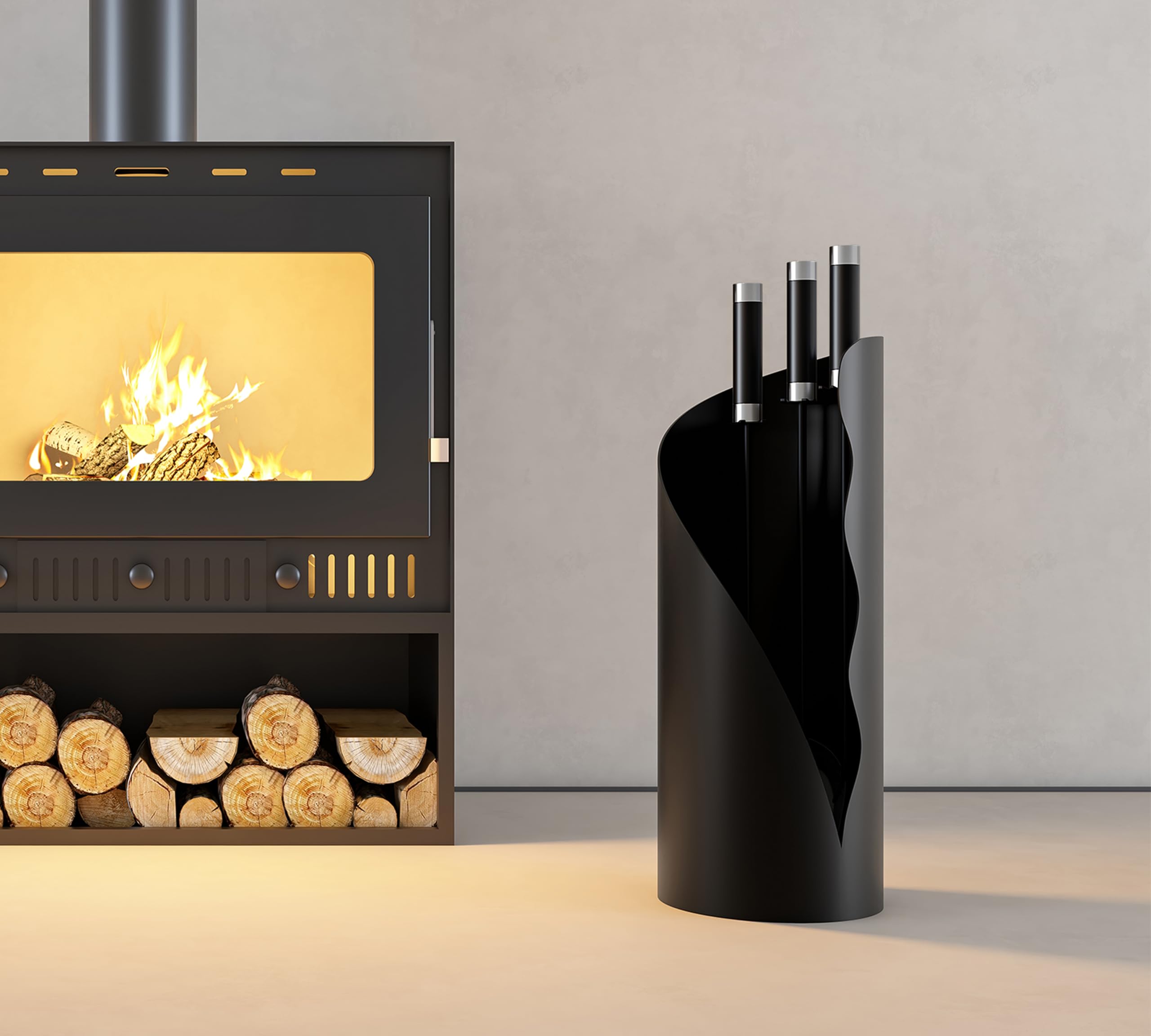 Kaminwerkzeug-Set mit Ständer - 4-teiliges Feuerwerkzeug-Set mit Hybridgriffen aus Edelstahl & Eisen - Schaufel, Besen & Schürhaken - Pulverbeschichtetes schwarzes Finish - 52,5 cm hoch