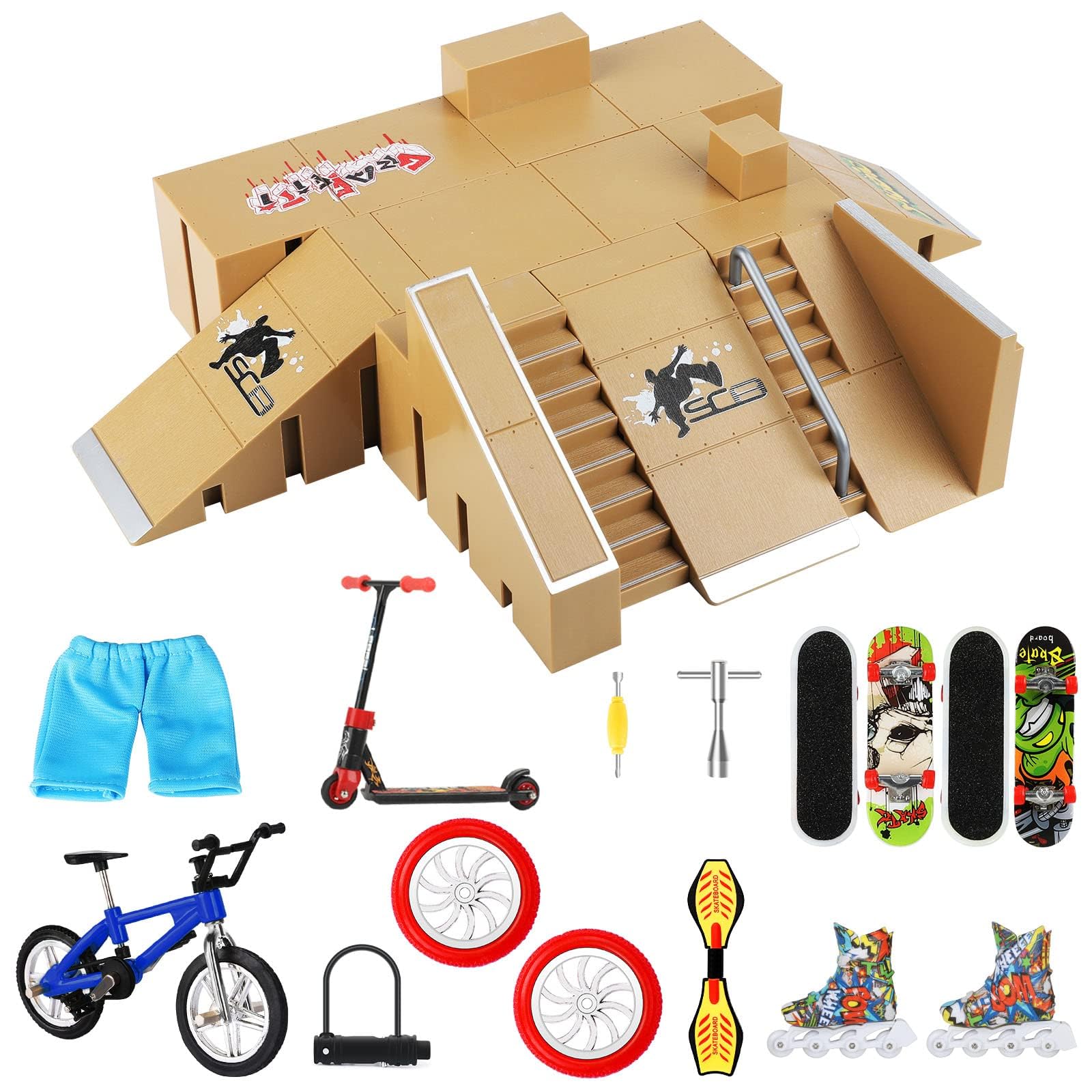 Waysroma Skate Park Kit 20PCS con Mini Accesorios Deportivos, Pista Grande para Monopatines de Dedo Skate Park Fingerboard Kit de Rampa de Piezas Mini Finger Skateboard Cretivo Juguete para Niños