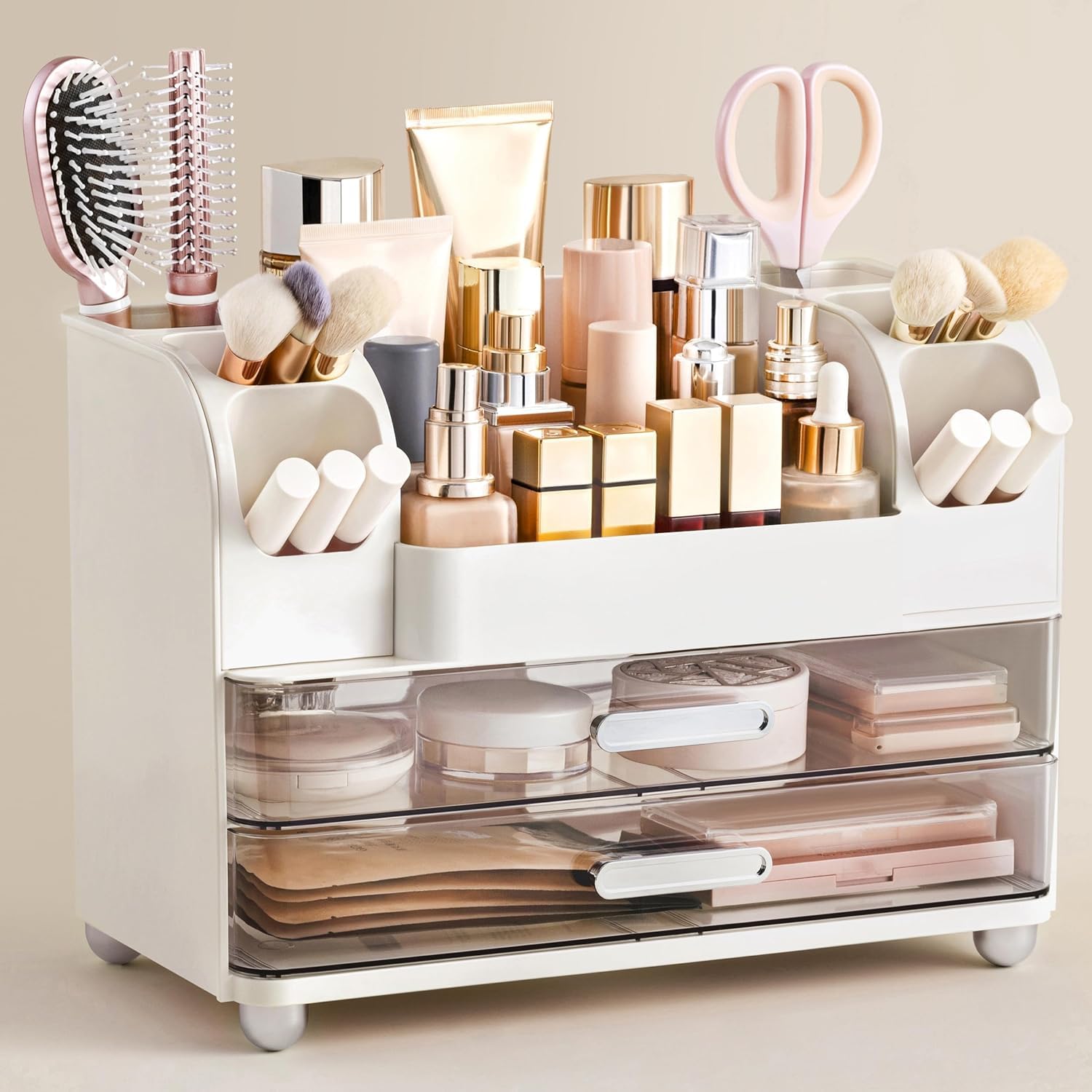 Organiseur de maquillage en plastique grand format avec support brosse intégré