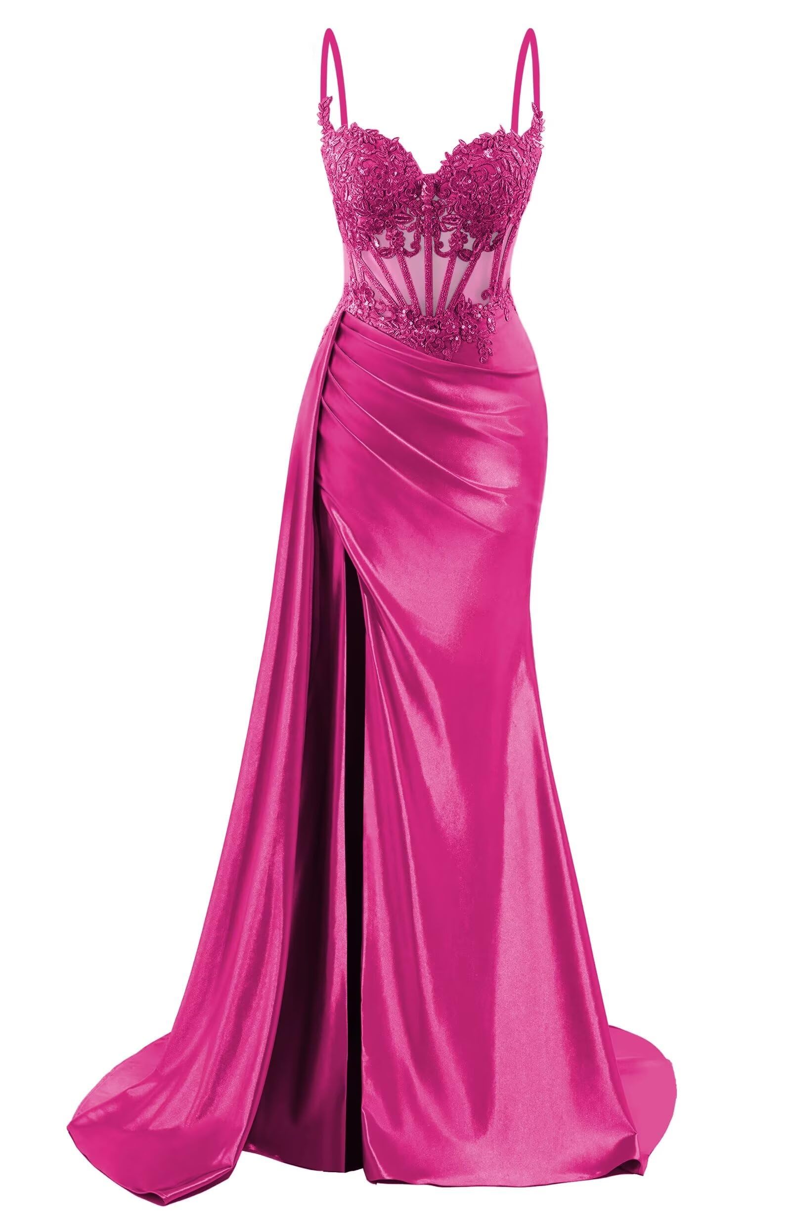 Hppee Women's Fuchsia Sexy Prom Dresses For With Slit Mermaid Corset Formal Gown With Lace Applique Celebrity Dress Uk10