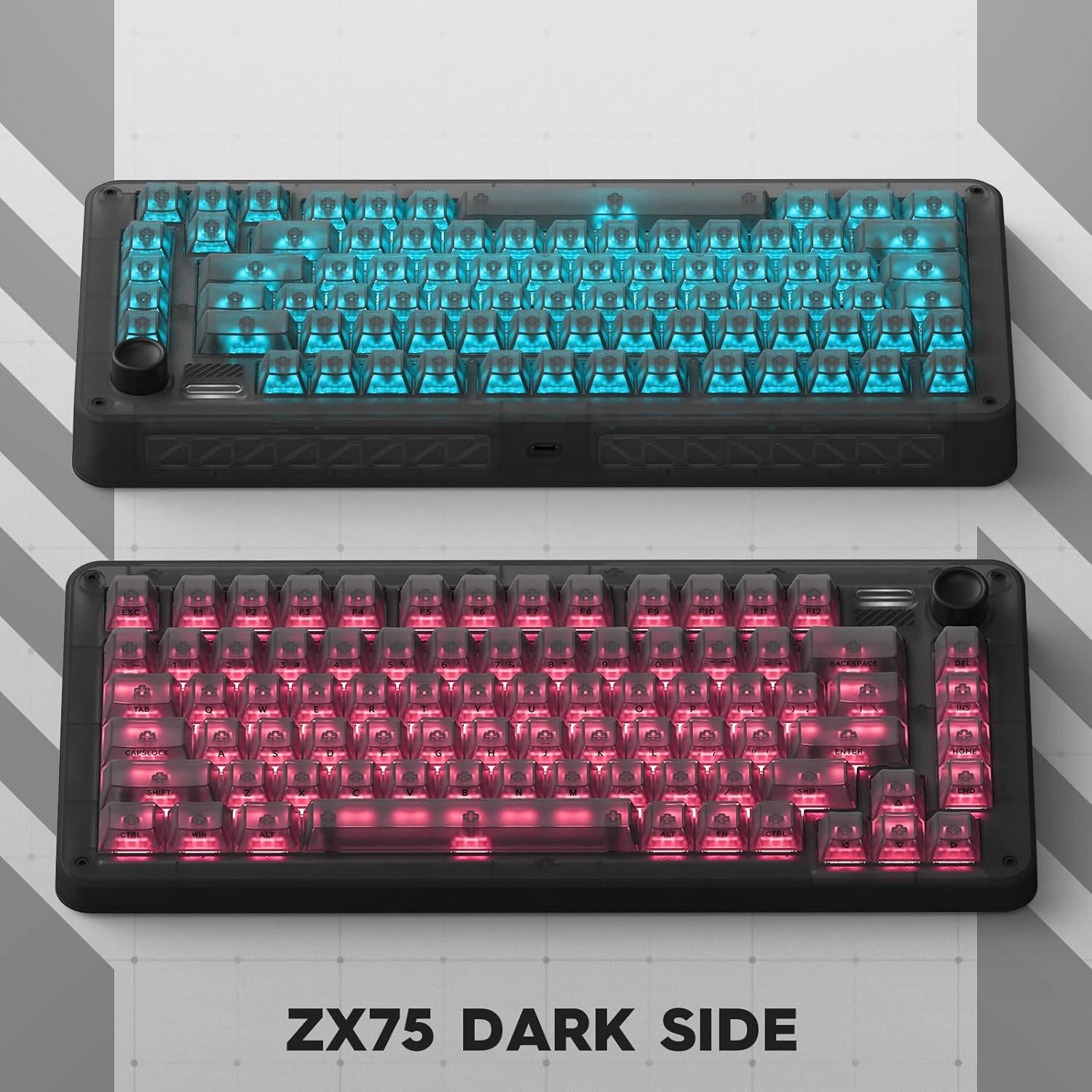 Du views of the IQUNIX ZX75 Dark Side keyboard showcasing different RGB lighting effects, one in blue/green and one in red/pink.