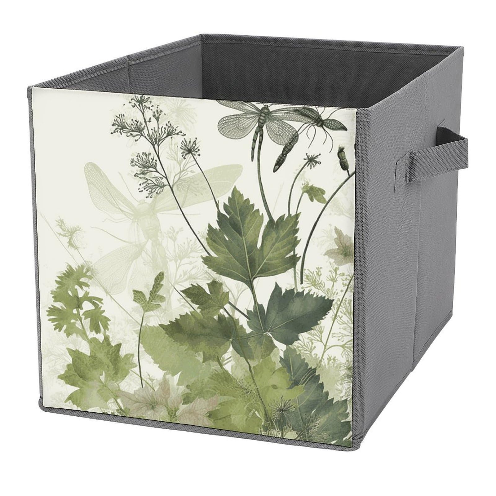 Collapsible Storage Bins with Dual Handles Fabric Storage Basket Foldable Cubes Organizer Baskets Foliage And Herbs with Dragonflies Winged Storage Boxes for Organizing Clothing Cube Storage Organizer