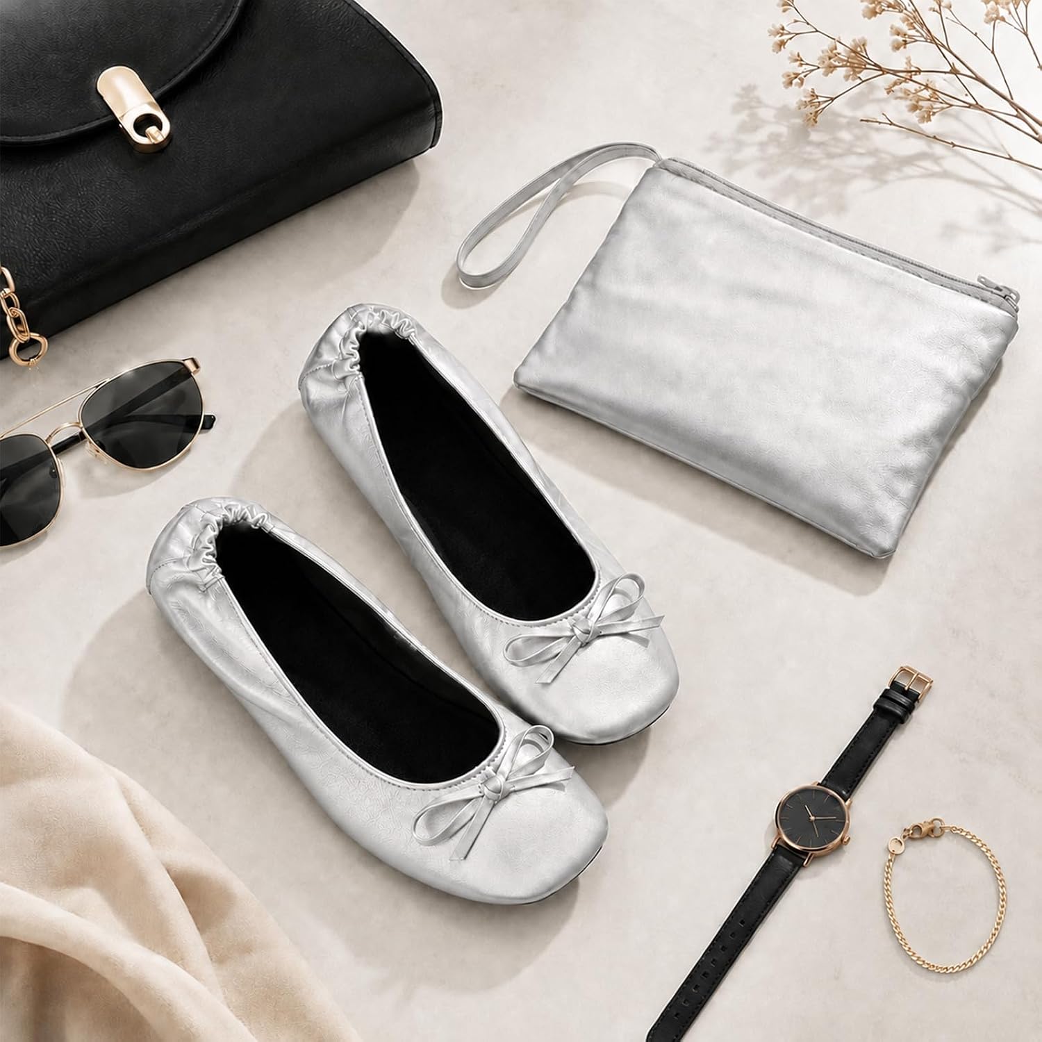 Foldable Flats for Women Silver Folding Shoes Fold Up Flats with Pouch image 2