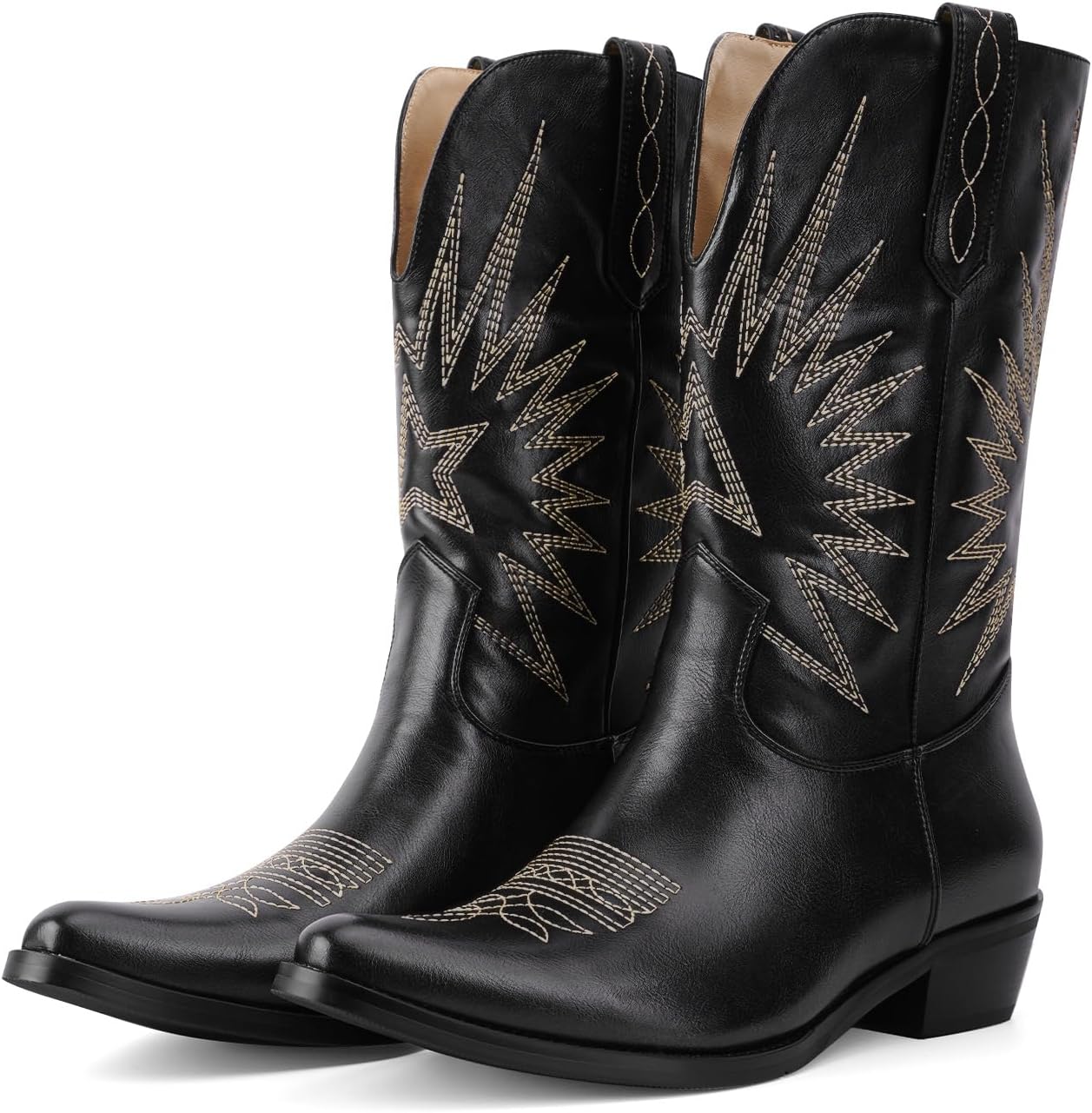 QIV Mid Calf Boots for Women Short Western Cowgirl Boots With Star Embroidery Pointed Toe Low Heel Easy Pull-On Fit