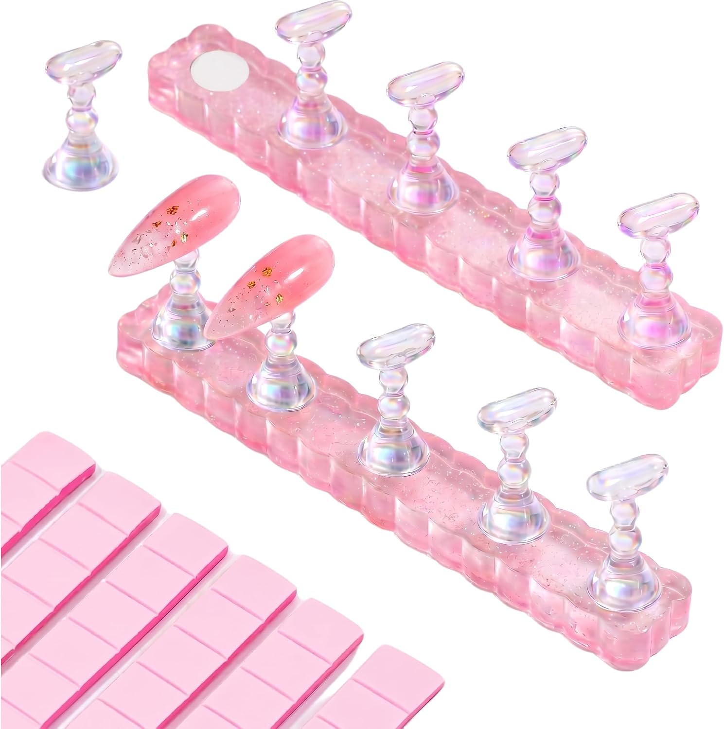 Makartt Press on Nail Stand Kit, 10 Iridescent Nail Stands for Create & Display Nails, 2 Base for Secure Hold Tips for Gel Curing, Beginners Practice Skills, Salon Nail Tech & Creators Display Nails